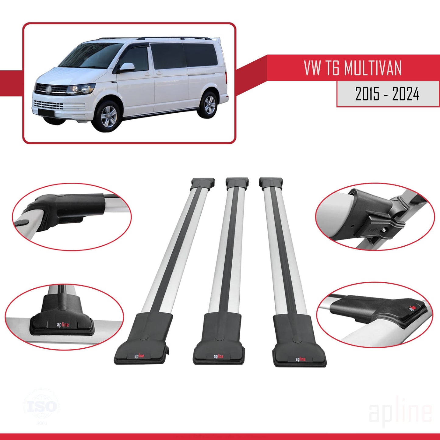 Compatible with Volkswagen T6 Multivan 2015-2024 FLY Model Car Roof Rack Cross Bar Grey Aluminium 3 Bars