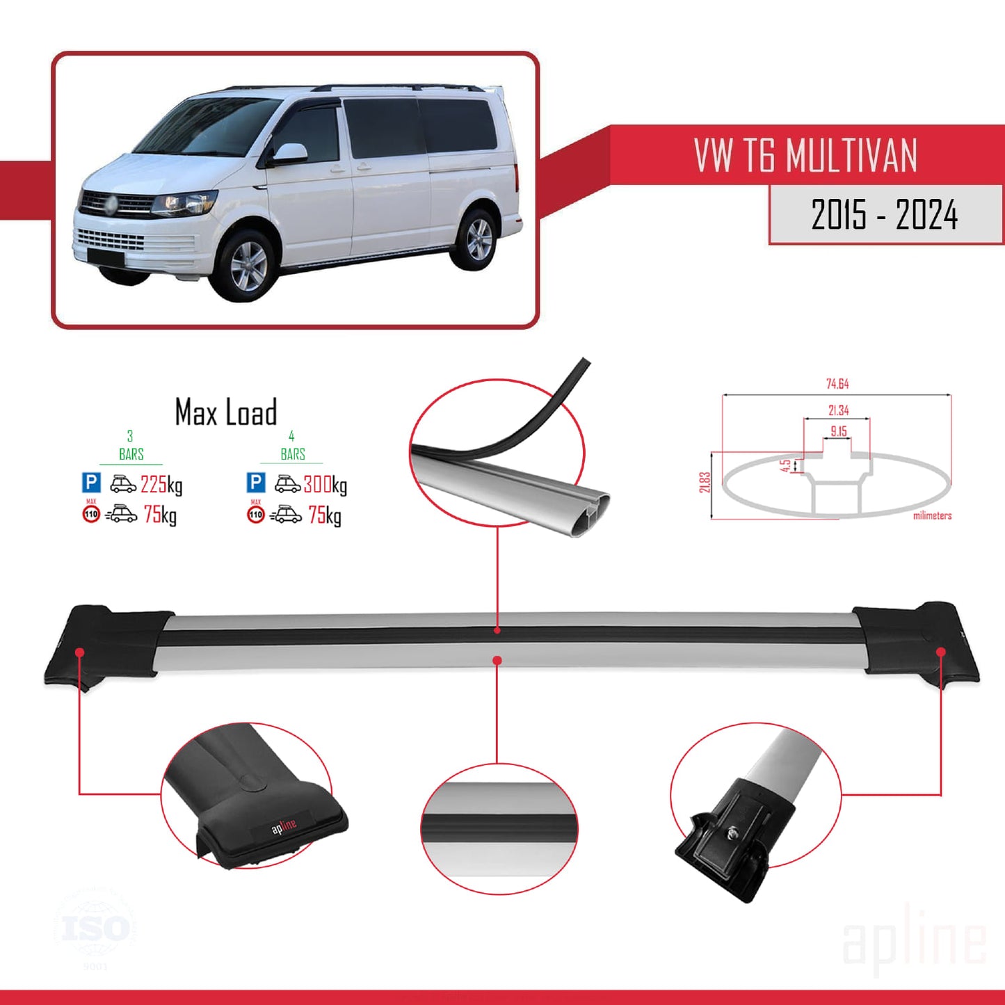 Compatible with Volkswagen T6 Multivan 2015-2024 FLY Model Car Roof Rack Cross Bar Grey Aluminium 4 Bars