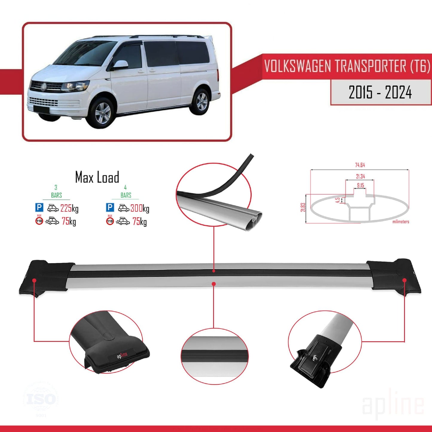 Compatible with Volkswagen T6 Transporter 2015-2024 FLY Model Car Roof Rack Cross Bar Grey Aluminium 3 Bars