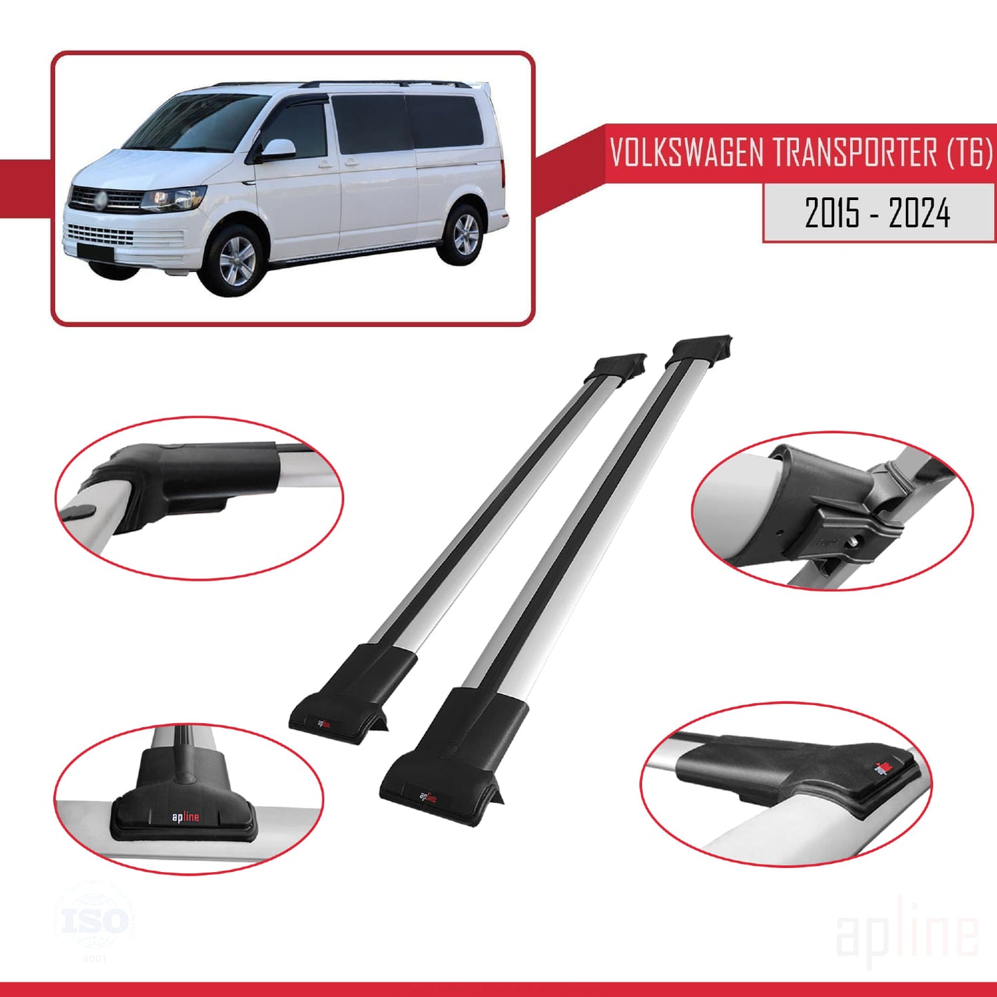 Compatible with Volkswagen T6 Transporter 2015-2024 FLY Model Car Roof Rack Cross Bar Grey Aluminium 2 Bars
