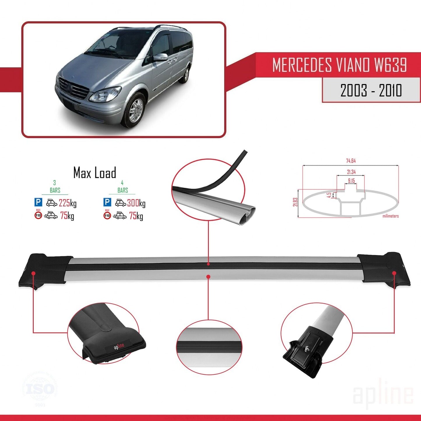 Compatible with Mercedes Viano 2 (W639) Pre-Facelift 2003-2010 FLY Model Car Roof Rack Cross Bar Grey Aluminium 4 Bars