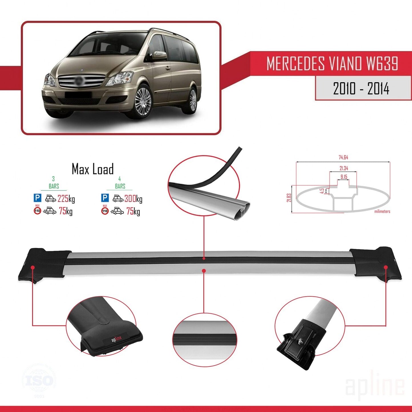 Compatible with Mercedes Viano 2 (W639) Post-Facelift 2010-2014 FLY Model Car Roof Rack Cross Bar Grey Aluminium 4 Bars