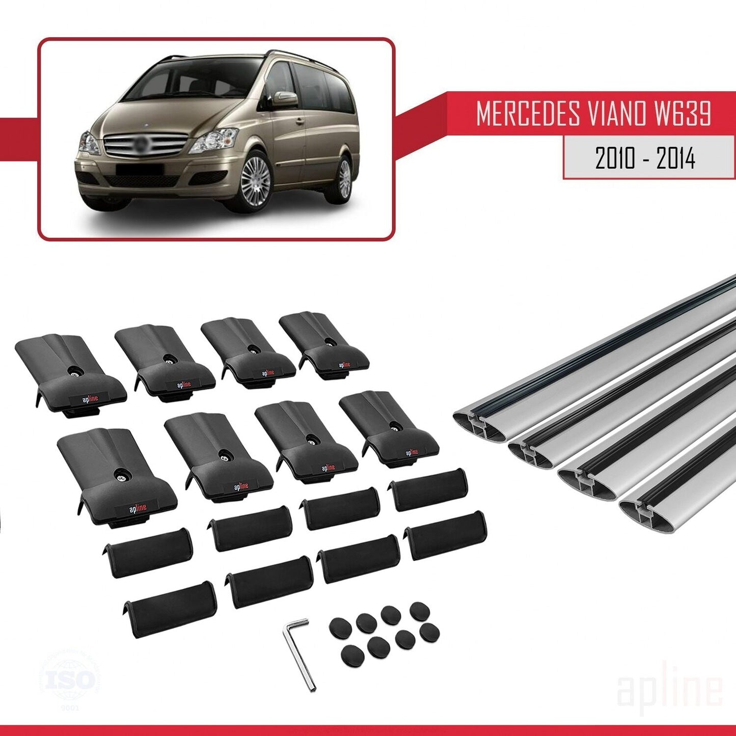Compatible with Mercedes Viano 2 (W639) Post-Facelift 2010-2014 FLY Model Car Roof Rack Cross Bar Grey Aluminium 4 Bars