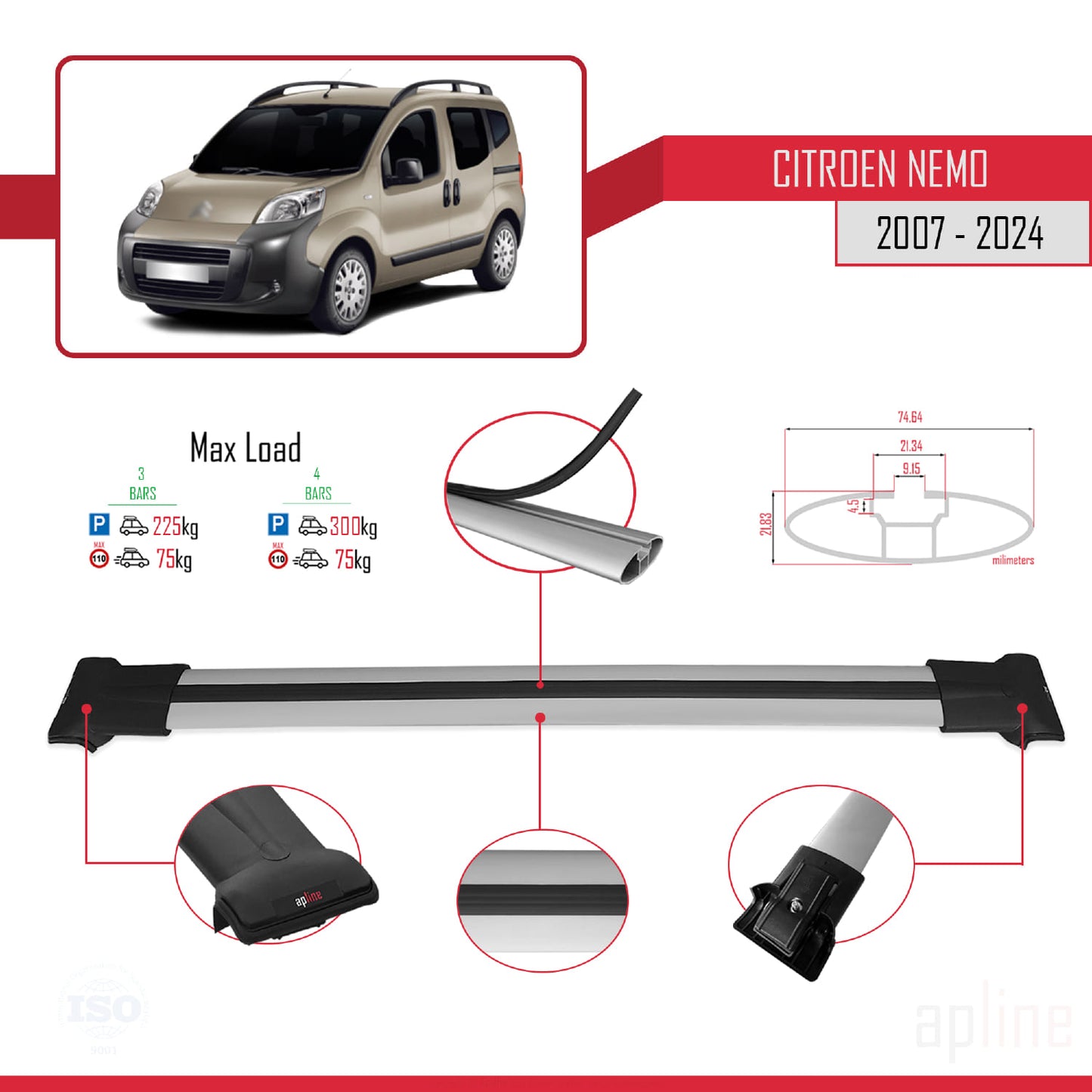 Compatible with Citroen Nemo 3 (225) 2008-2017 FLY Model Car Roof Rack Cross Bar Grey Aluminium 3 Bars