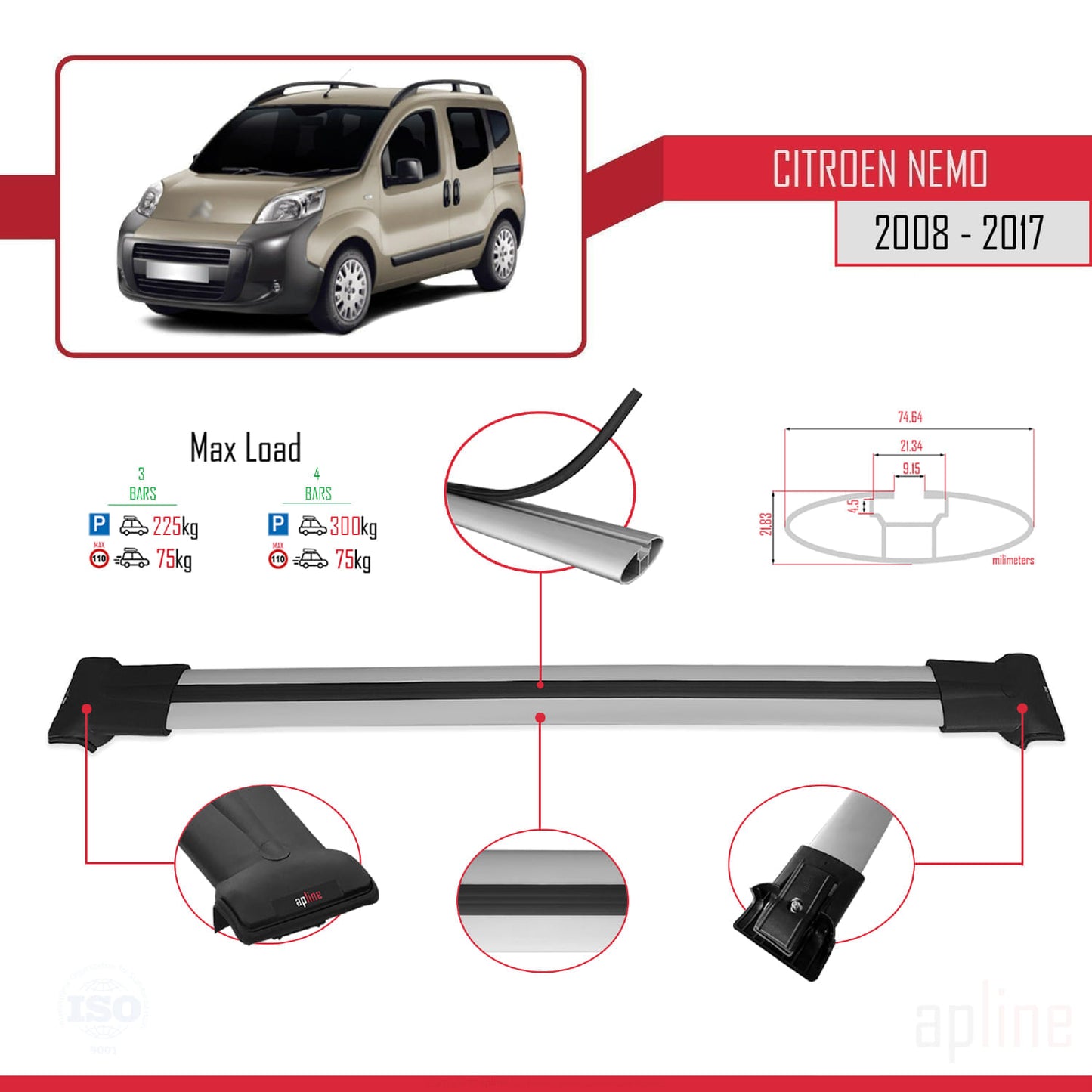 Compatible with Citroen Nemo 3 (225) 2008-2017 FLY Model Car Roof Rack Cross Bar Grey Aluminium 4 Bars
