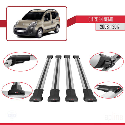 Compatible with Citroen Nemo 3 (225) 2008-2017 FLY Model Car Roof Rack Cross Bar Grey Aluminium 4 Bars