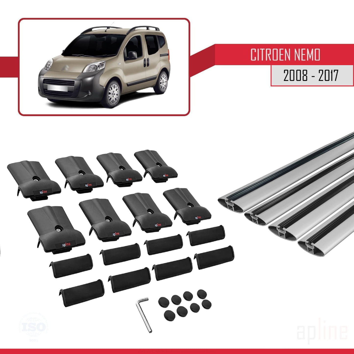 Compatible with Citroen Nemo 3 (225) 2008-2017 FLY Model Car Roof Rack Cross Bar Grey Aluminium 4 Bars