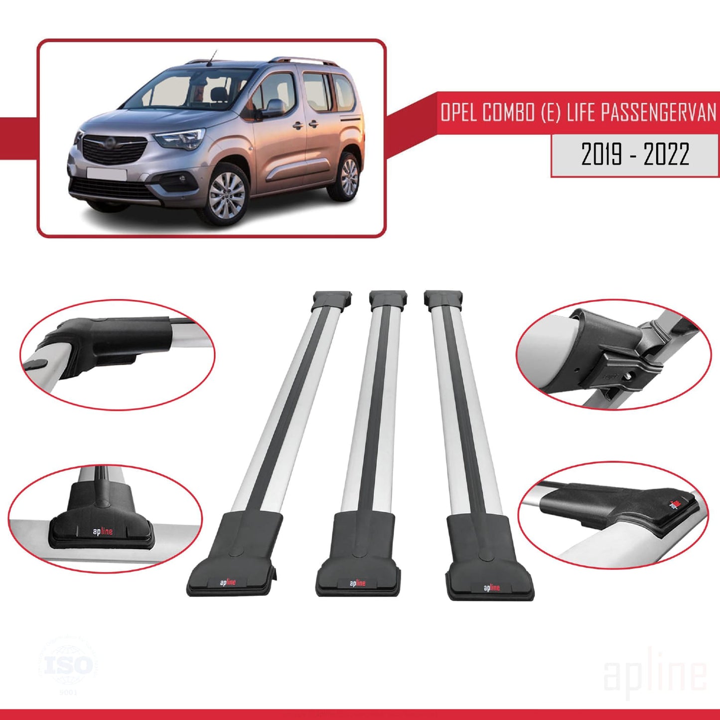 Compatible with Opel Combo E Cargo 2019-2022 FLY Model Car Roof Rack Cross Bar Grey Aluminium 3 Bars