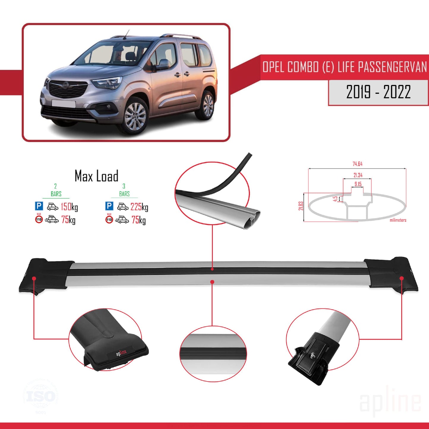 Compatible with Opel Combo E Life 2019-2022 FLY Model Car Roof Rack Cross Bar Grey Aluminium 2 Bars