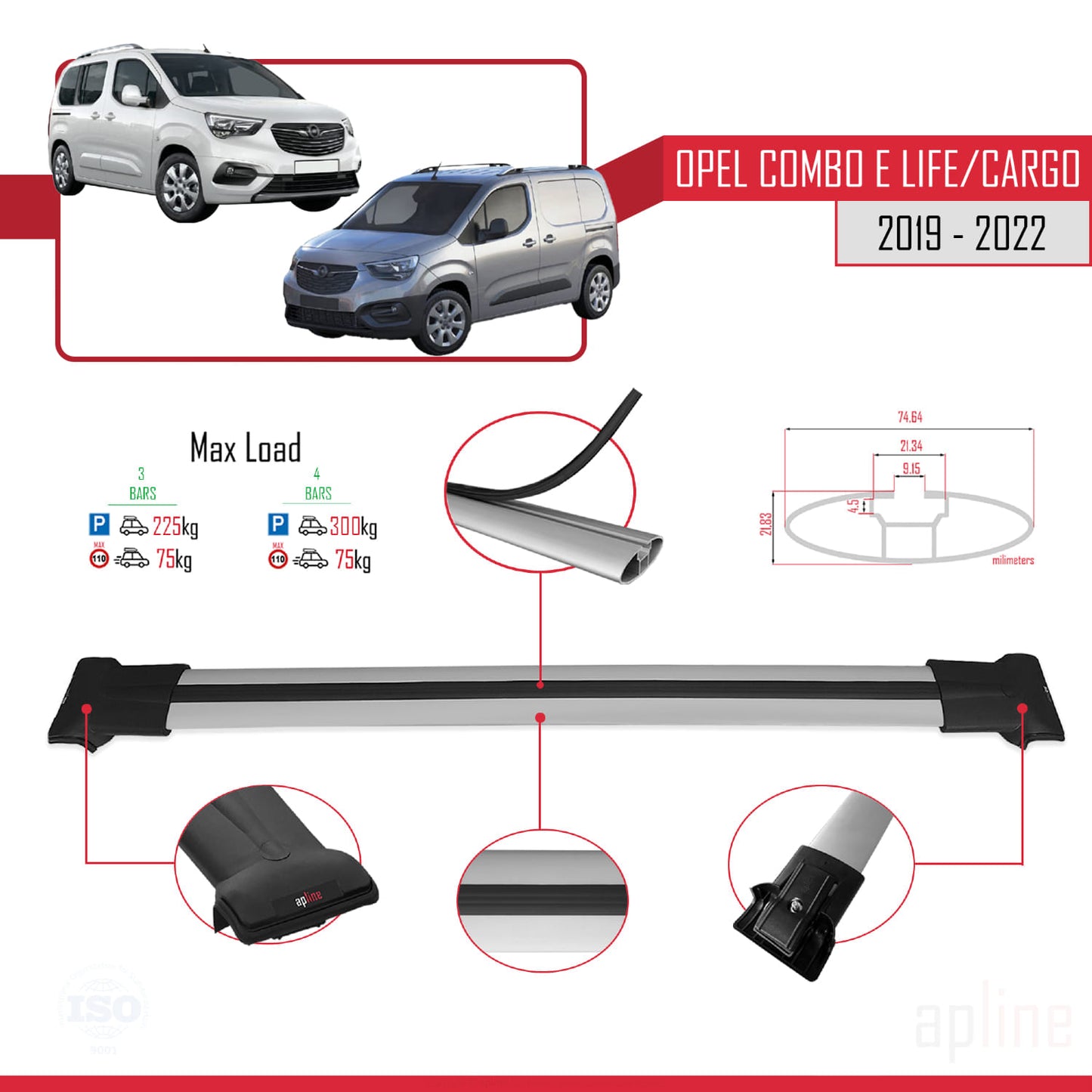 Compatible with Opel Combo E Life 2019-2022 FLY Model Car Roof Rack Cross Bar Grey Aluminium 4 Bars