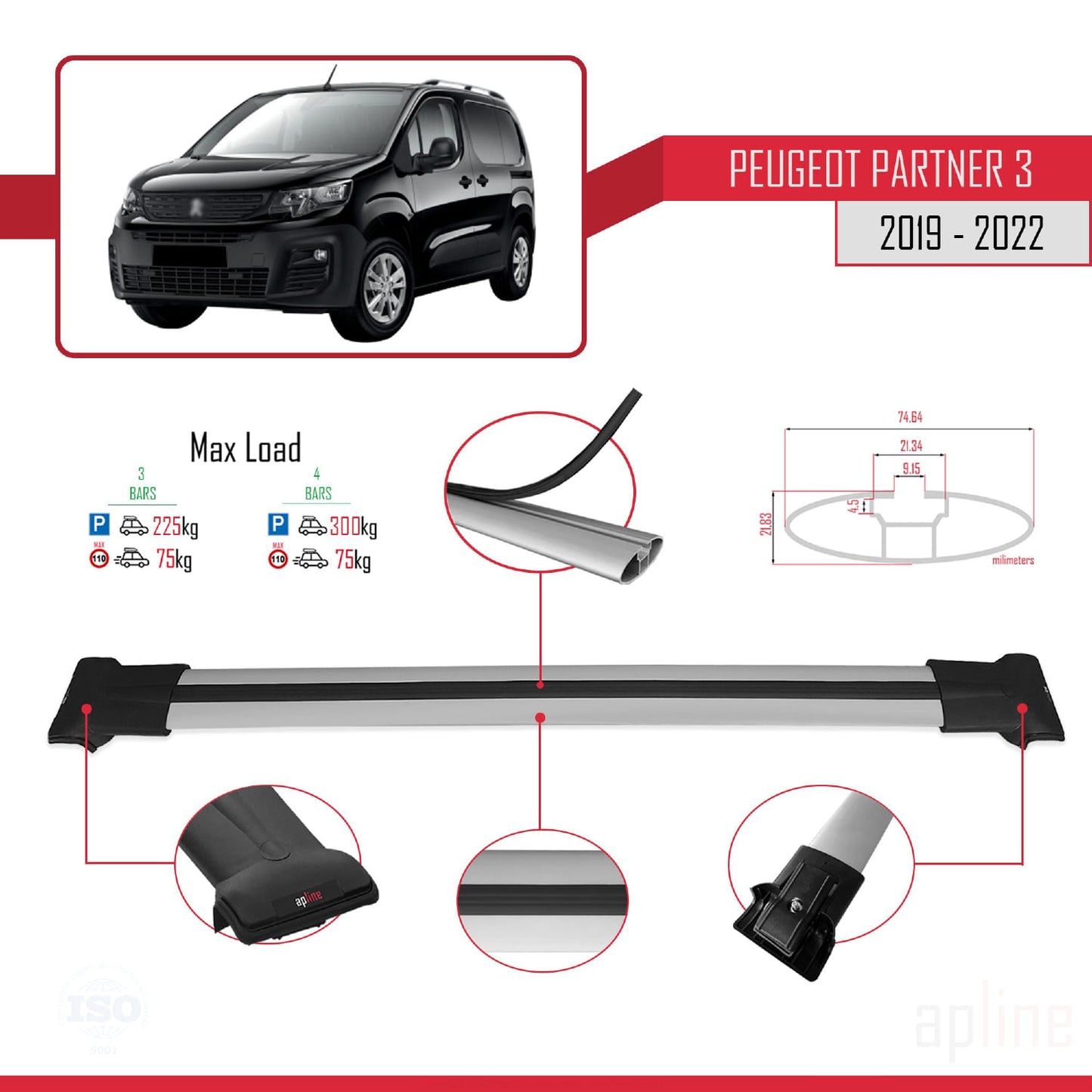 Compatible with Peugeot Partner 3 2019-2022 FLY Model Car Roof Rack Cross Bar Grey Aluminium 3 Bars