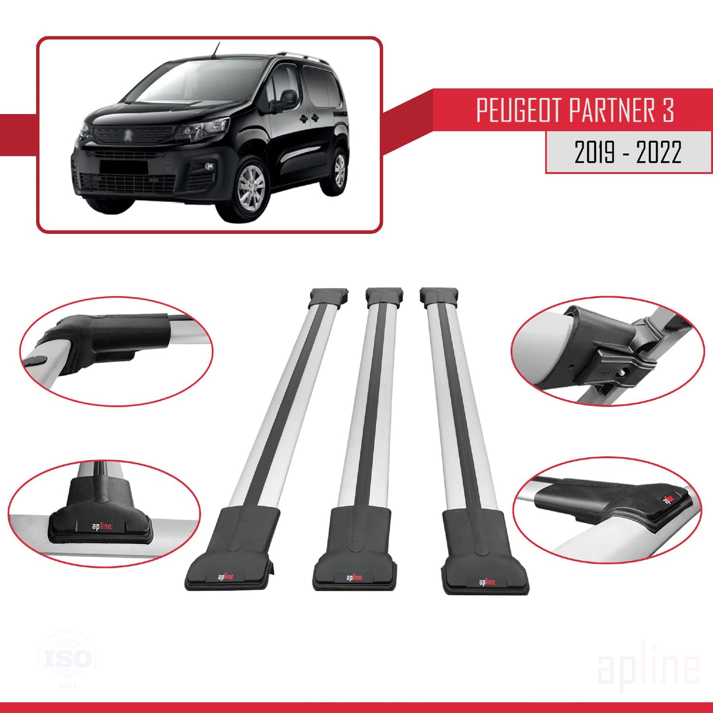 Compatible with Peugeot Partner 3 2019-2022 FLY Model Car Roof Rack Cross Bar Grey Aluminium 3 Bars