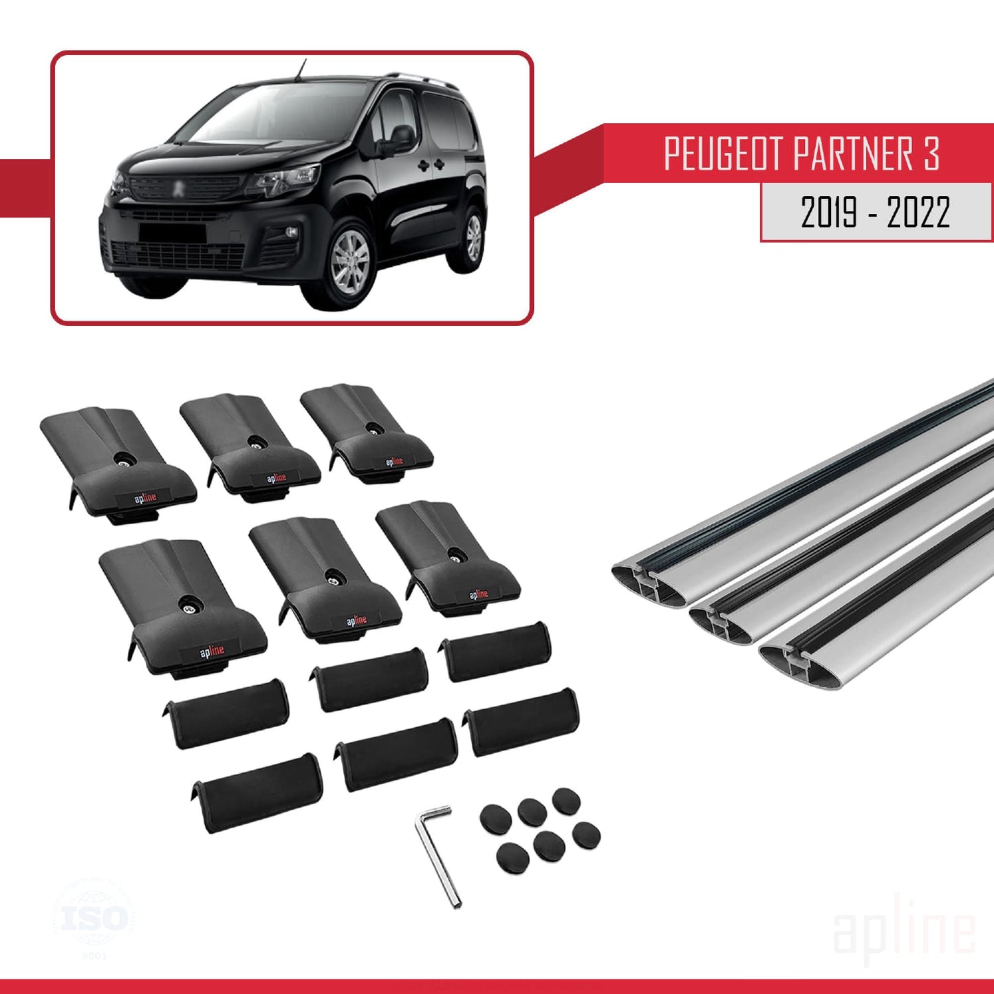 Compatible with Peugeot Partner 3 2019-2022 FLY Model Car Roof Rack Cross Bar Grey Aluminium 3 Bars