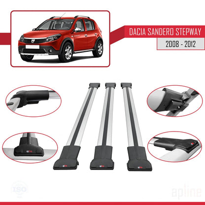 Compatible with Dacia Sandero Stepway 2008-2012 FLY Model Car Roof Rack Cross Bar Grey Aluminium 3 Bars