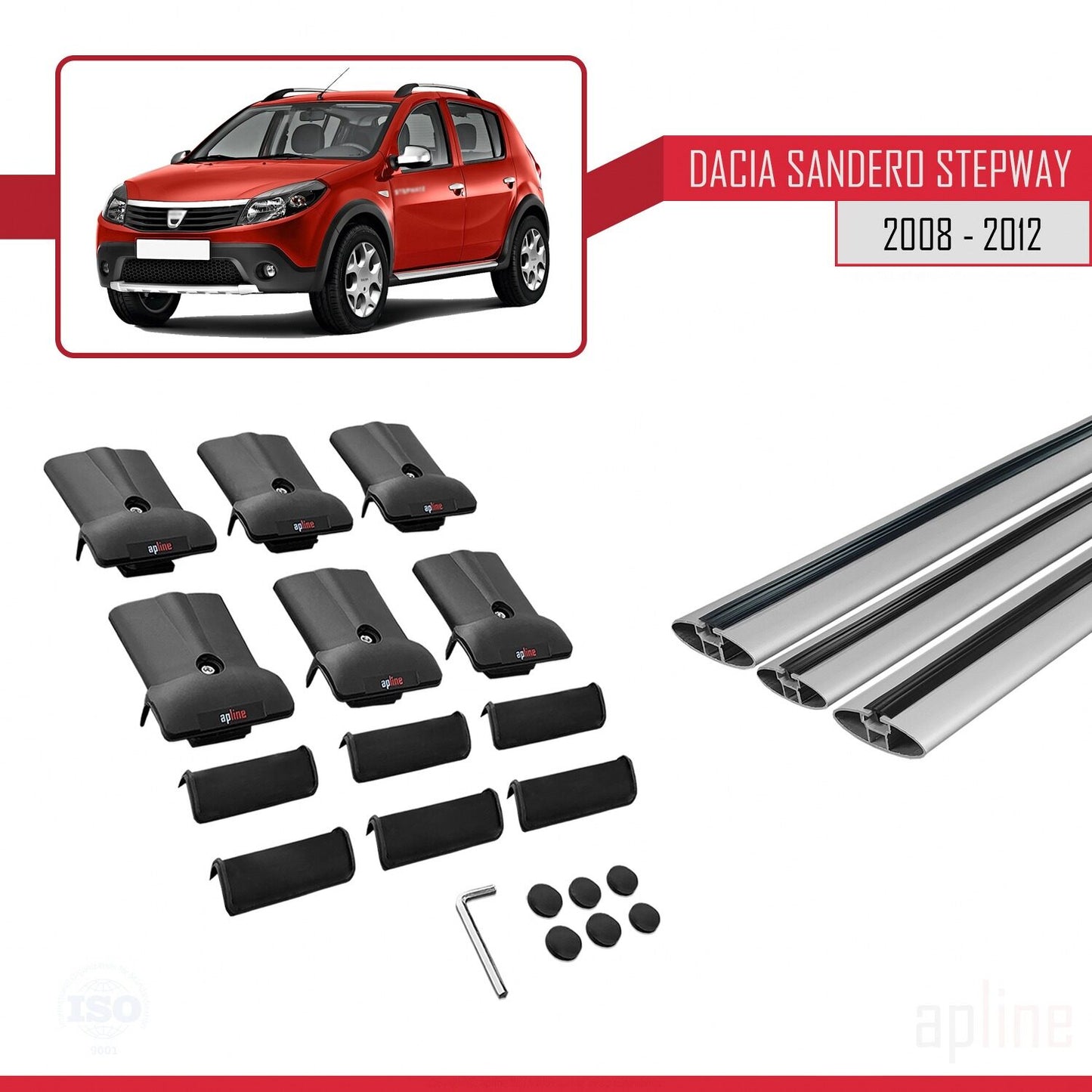 Compatible with Dacia Sandero Stepway 2008-2012 FLY Model Car Roof Rack Cross Bar Grey Aluminium 3 Bars