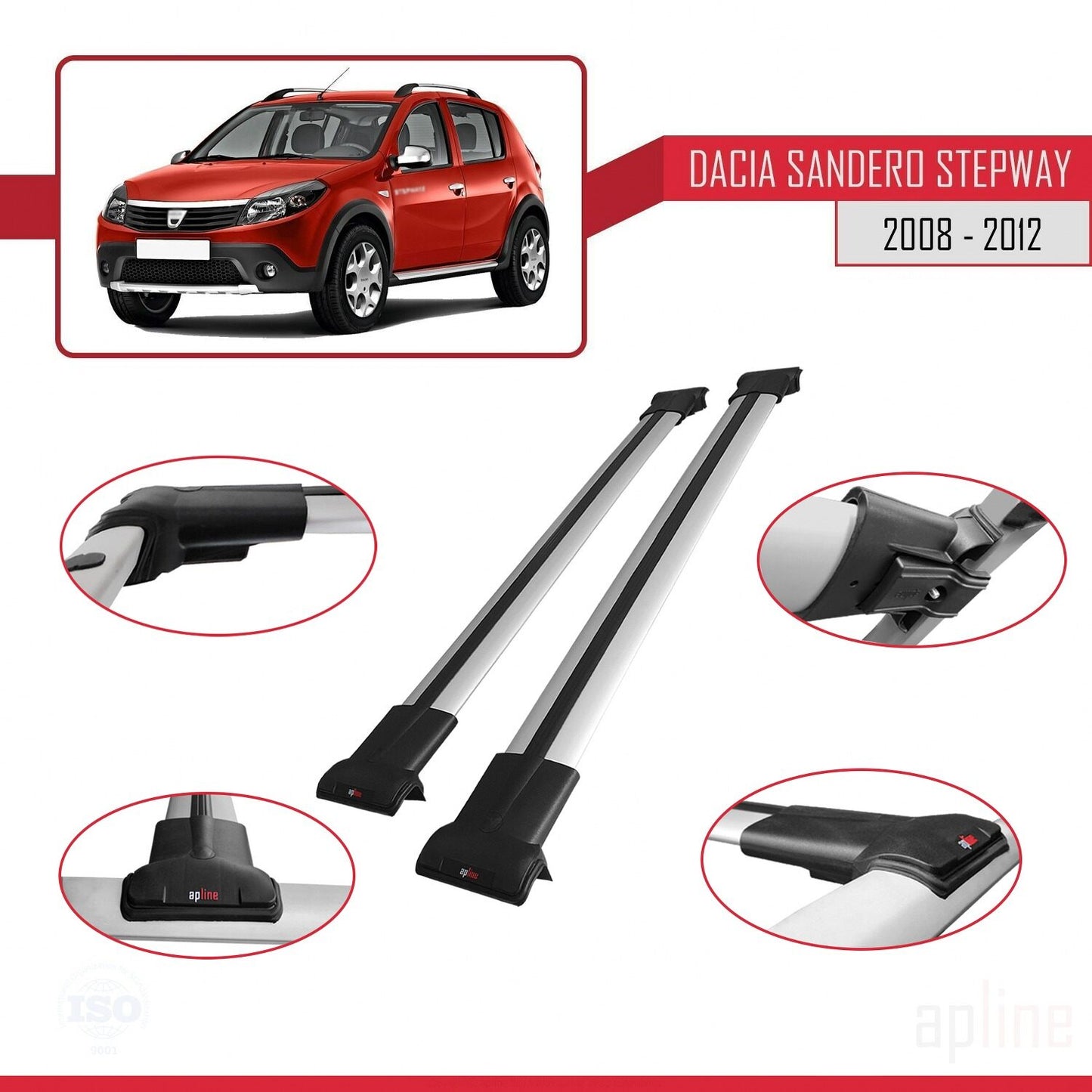 Compatible with Dacia Sandero Stepway 2008-2012 FLY Model Car Roof Rack Cross Bar Grey Aluminium 2 Bars