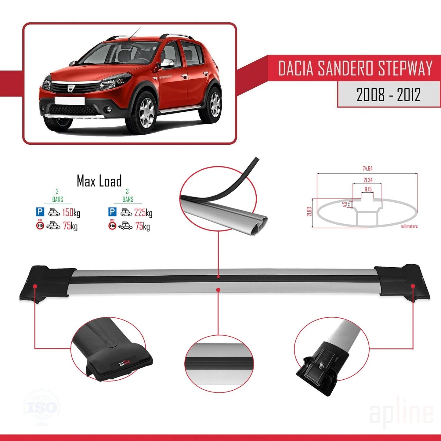 Compatible with Dacia Sandero Stepway 2008-2012 FLY Model Car Roof Rack Cross Bar Grey Aluminium 2 Bars