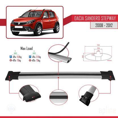 Compatible with Dacia Sandero Stepway 2008-2012 FLY Model Car Roof Rack Cross Bar Grey Aluminium 2 Bars