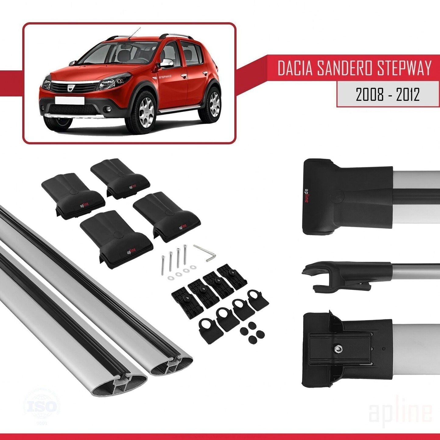 Compatible with Dacia Sandero Stepway 2008-2012 FLY Model Car Roof Rack Cross Bar Grey Aluminium 2 Bars