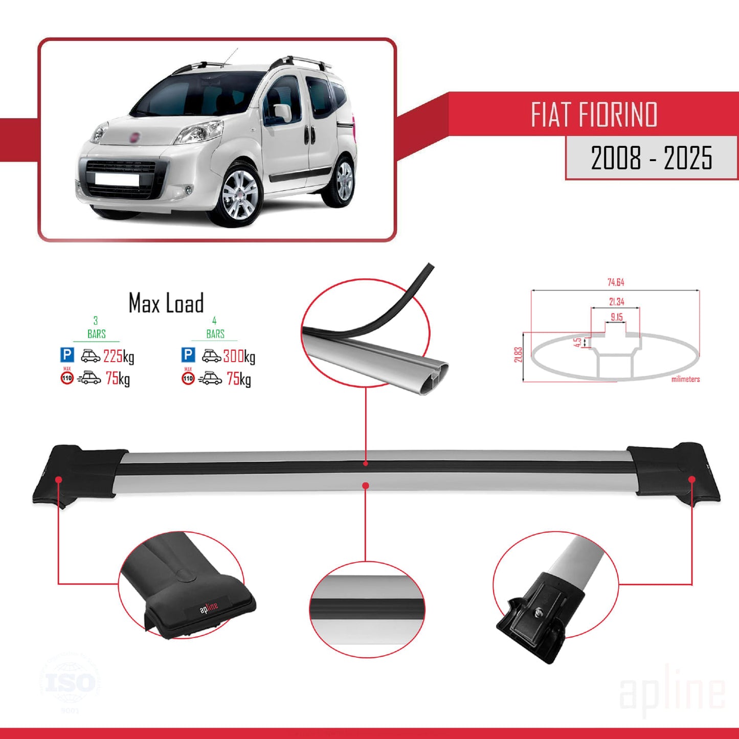 Compatible with Fiat Fiorino 3 2008-2025 FLY Model Car Roof Rack Cross Bar Grey Aluminium 4 Bars