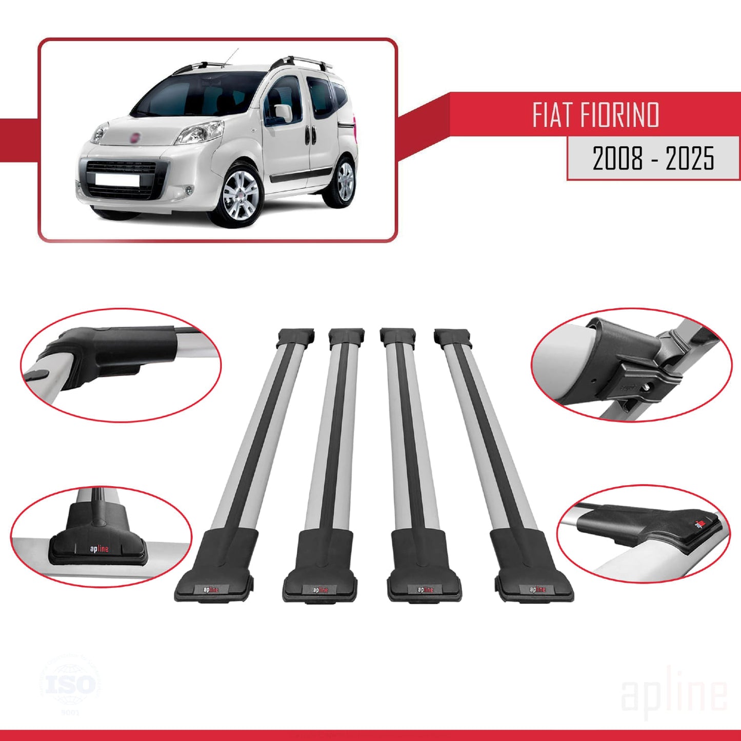 Compatible with Fiat Fiorino 3 2008-2025 FLY Model Car Roof Rack Cross Bar Grey Aluminium 4 Bars