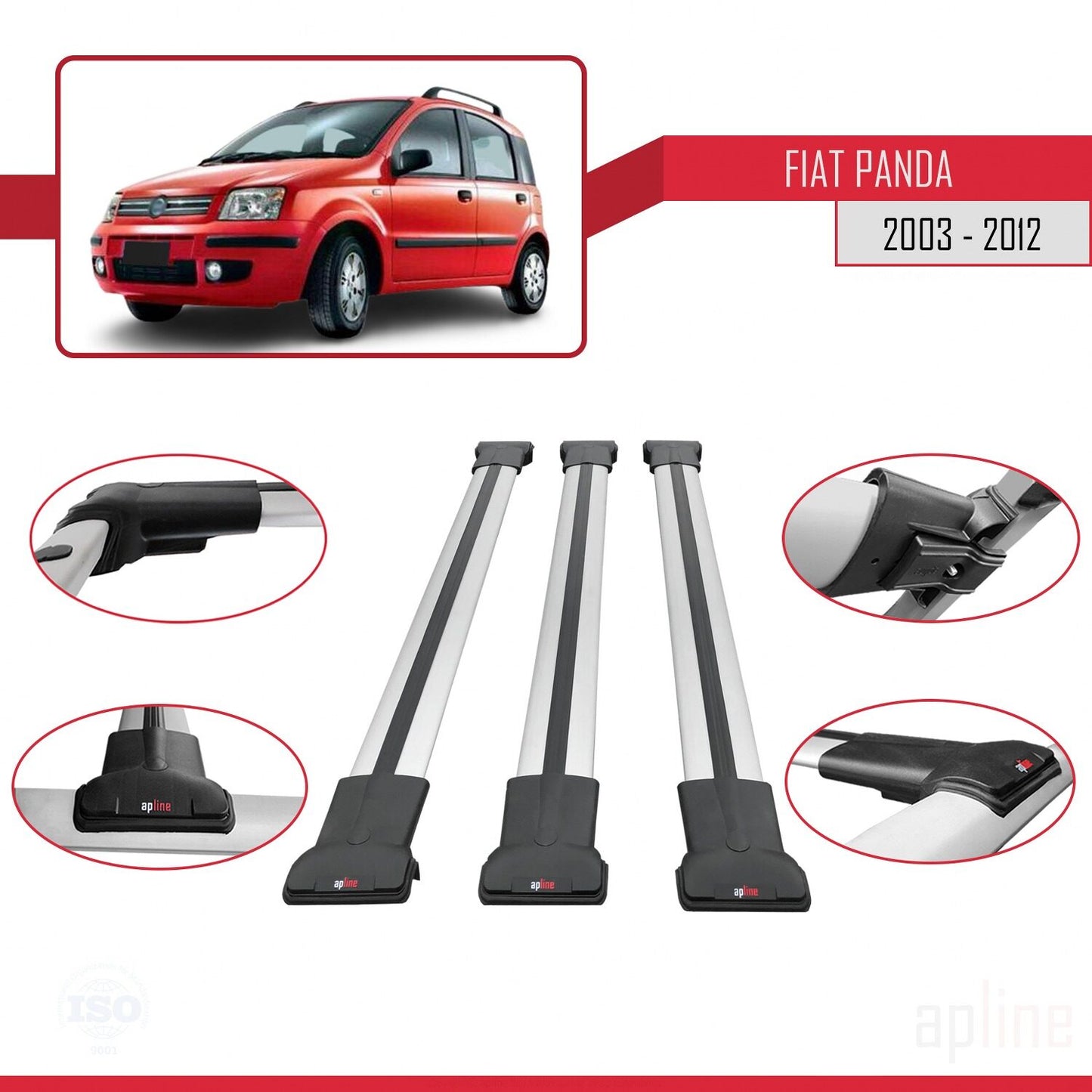 Compatible with Fiat Panda 2 (169) 2003-2012 FLY Model Car Roof Rack Cross Bar Grey Aluminium 3 Bars