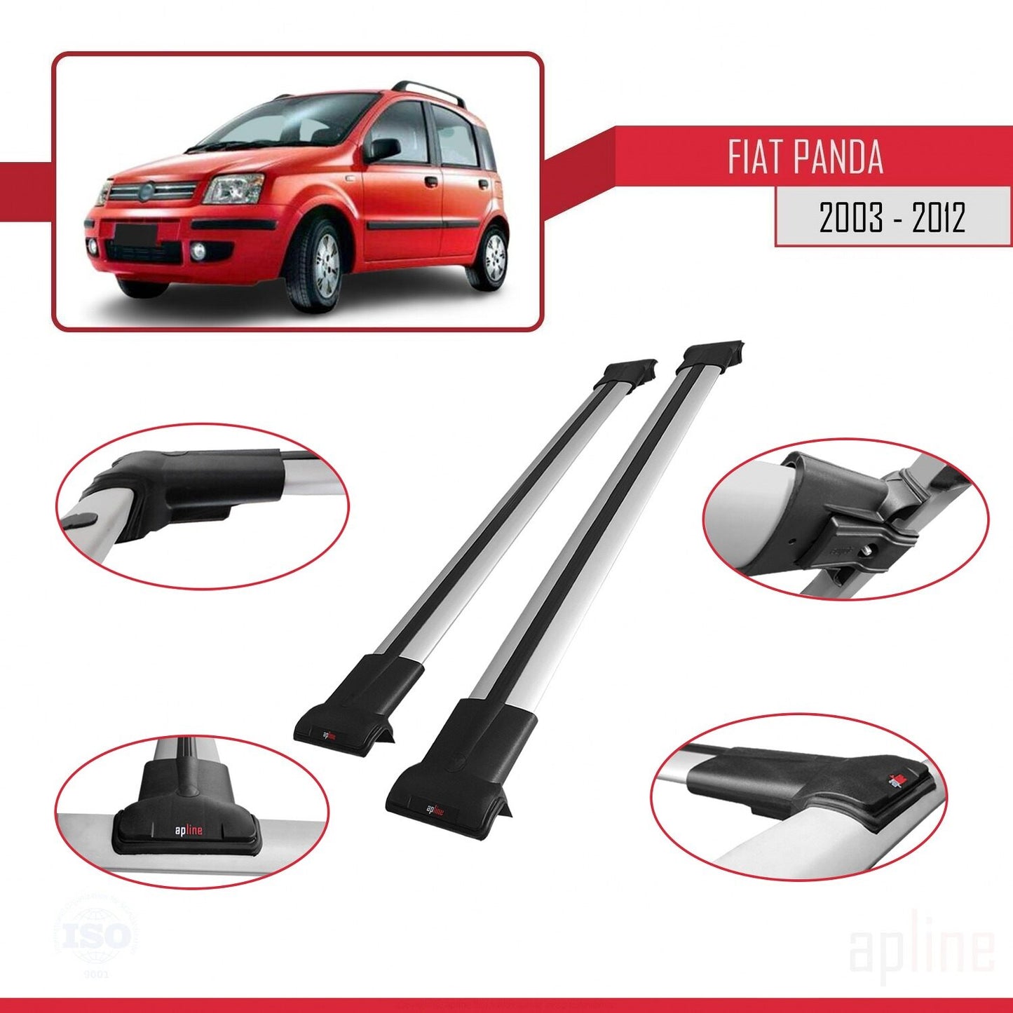 Compatible with Fiat Panda 2 (169) 2003-2012 FLY Model Car Roof Rack Cross Bar Grey Aluminium 2 Bars