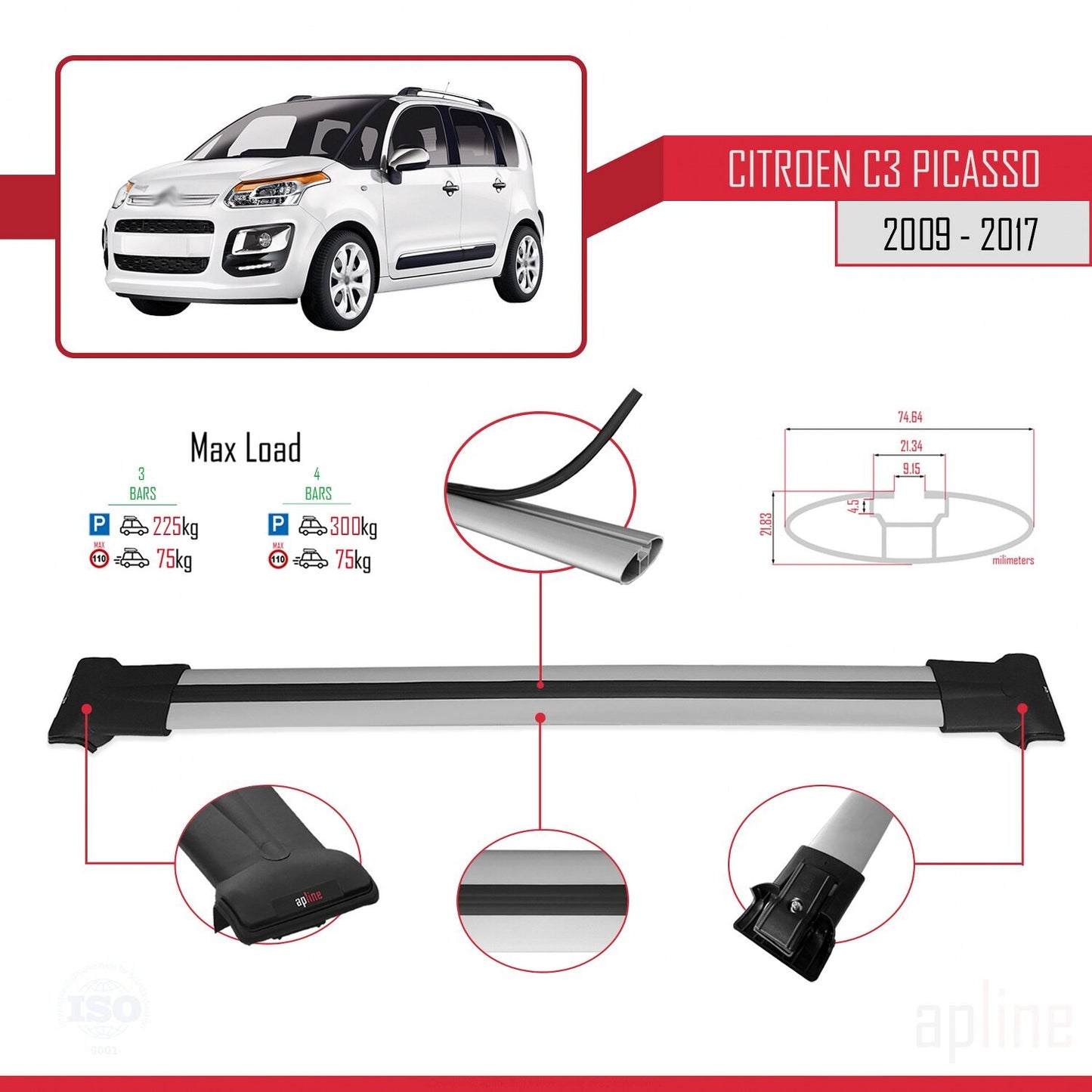 Compatible with Citroen C3 Picasso 2009-2017 FLY Model Car Roof Rack Cross Bar Grey Aluminium 3 Bars