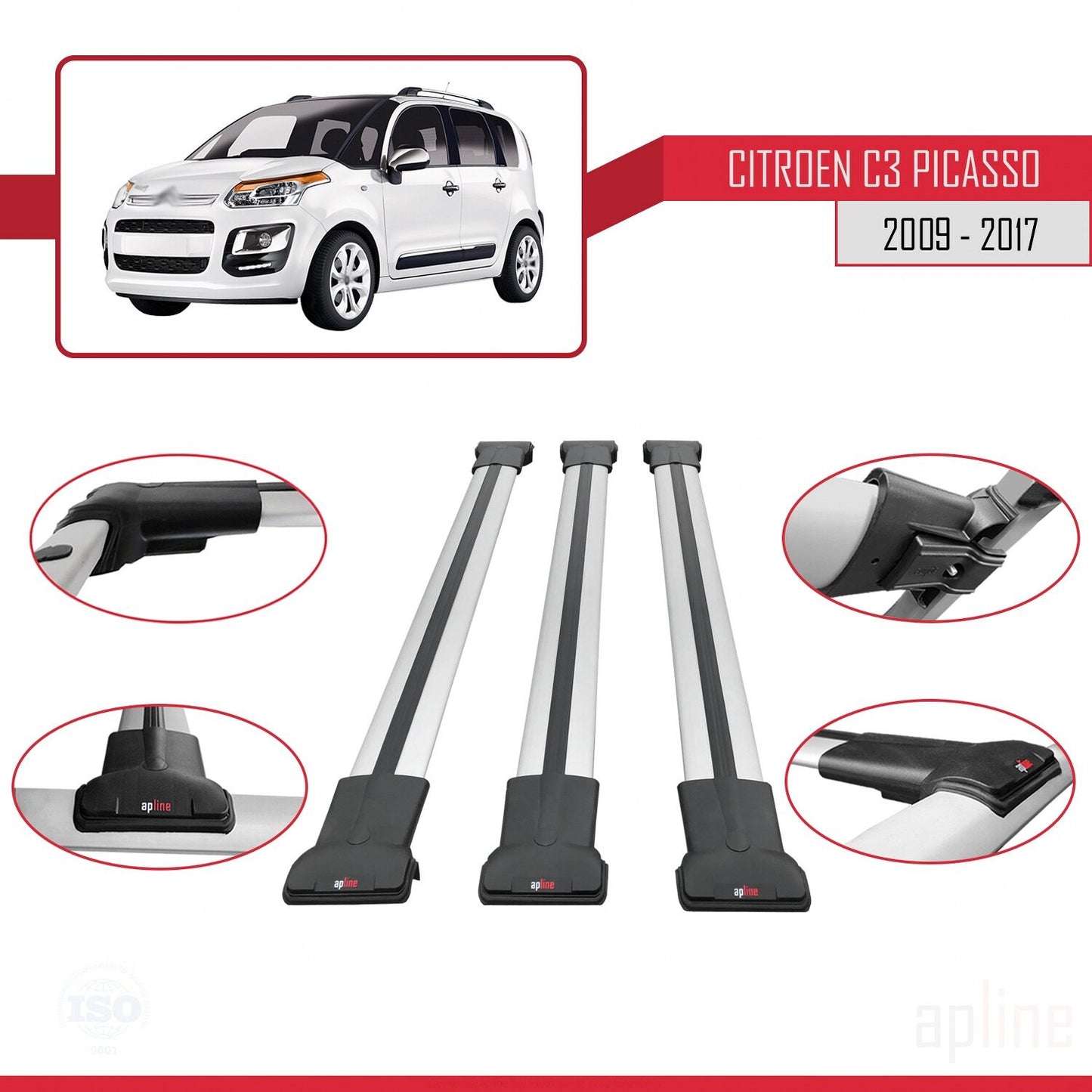 Compatible with Citroen C3 Picasso 2009-2017 FLY Model Car Roof Rack Cross Bar Grey Aluminium 3 Bars