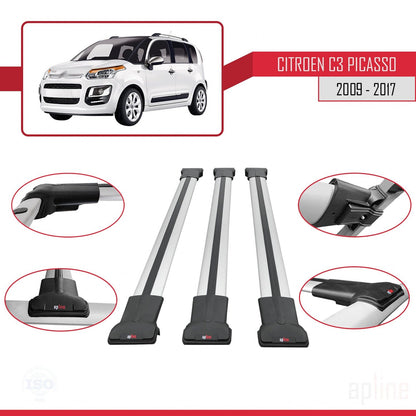 Compatible with Citroen C3 Picasso 2009-2017 FLY Model Car Roof Rack Cross Bar Grey Aluminium 3 Bars