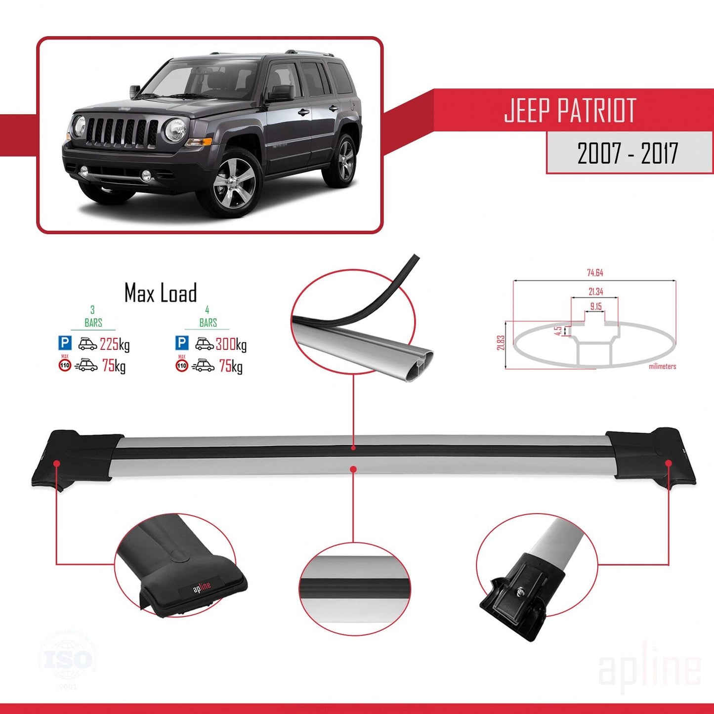 Compatible with Jeep Patriot 2007-2017 FLY Model Car Roof Rack Cross Bar Grey Aluminium 3 Bars