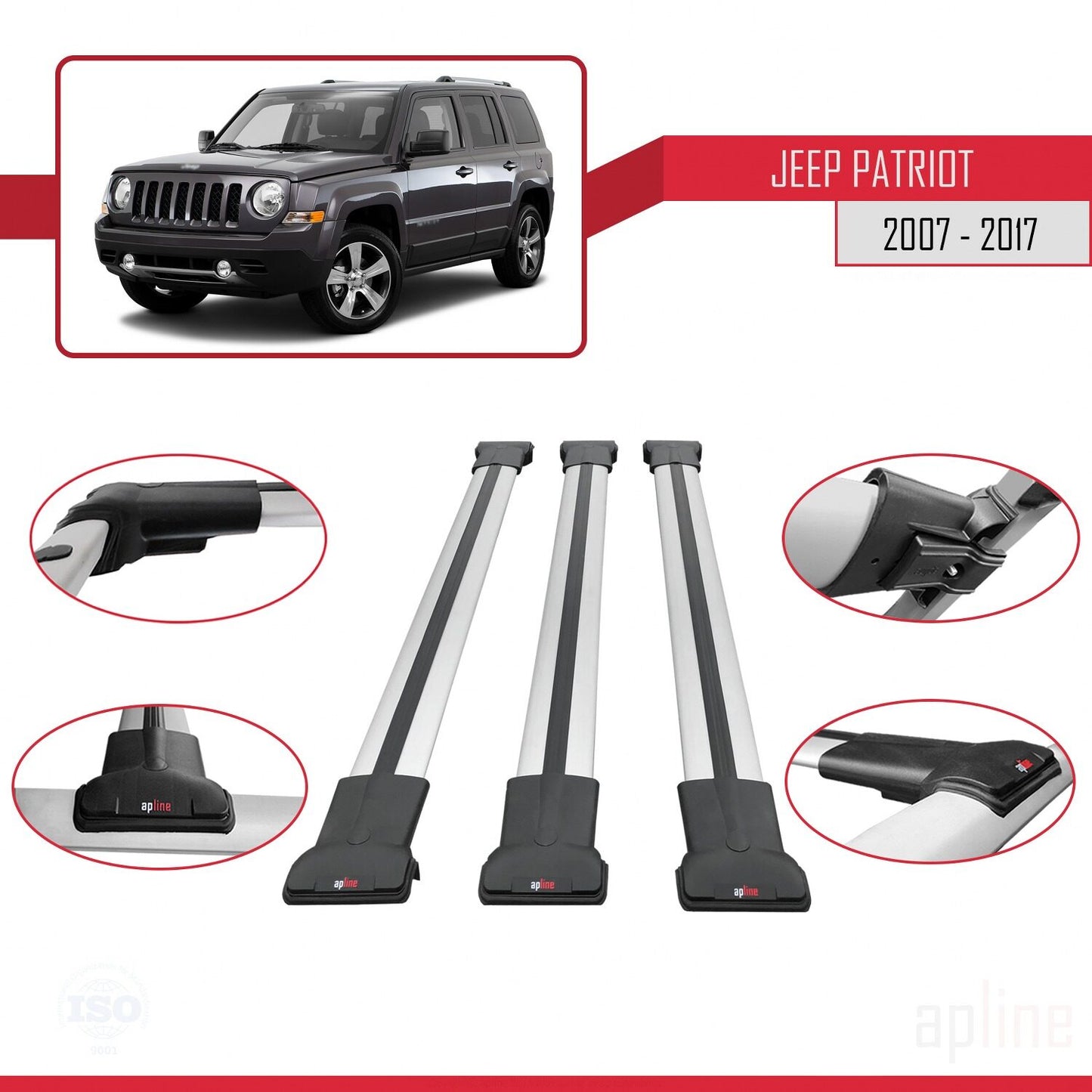 Compatible with Jeep Patriot 2007-2017 FLY Model Car Roof Rack Cross Bar Grey Aluminium 3 Bars