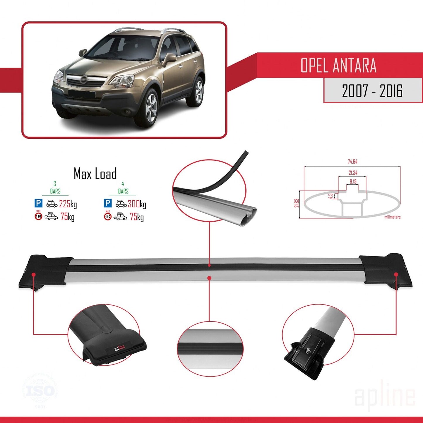 Compatible with Opel Antara 2007-2016 FLY Model Car Roof Rack Cross Bar Grey Aluminium 3 Bars
