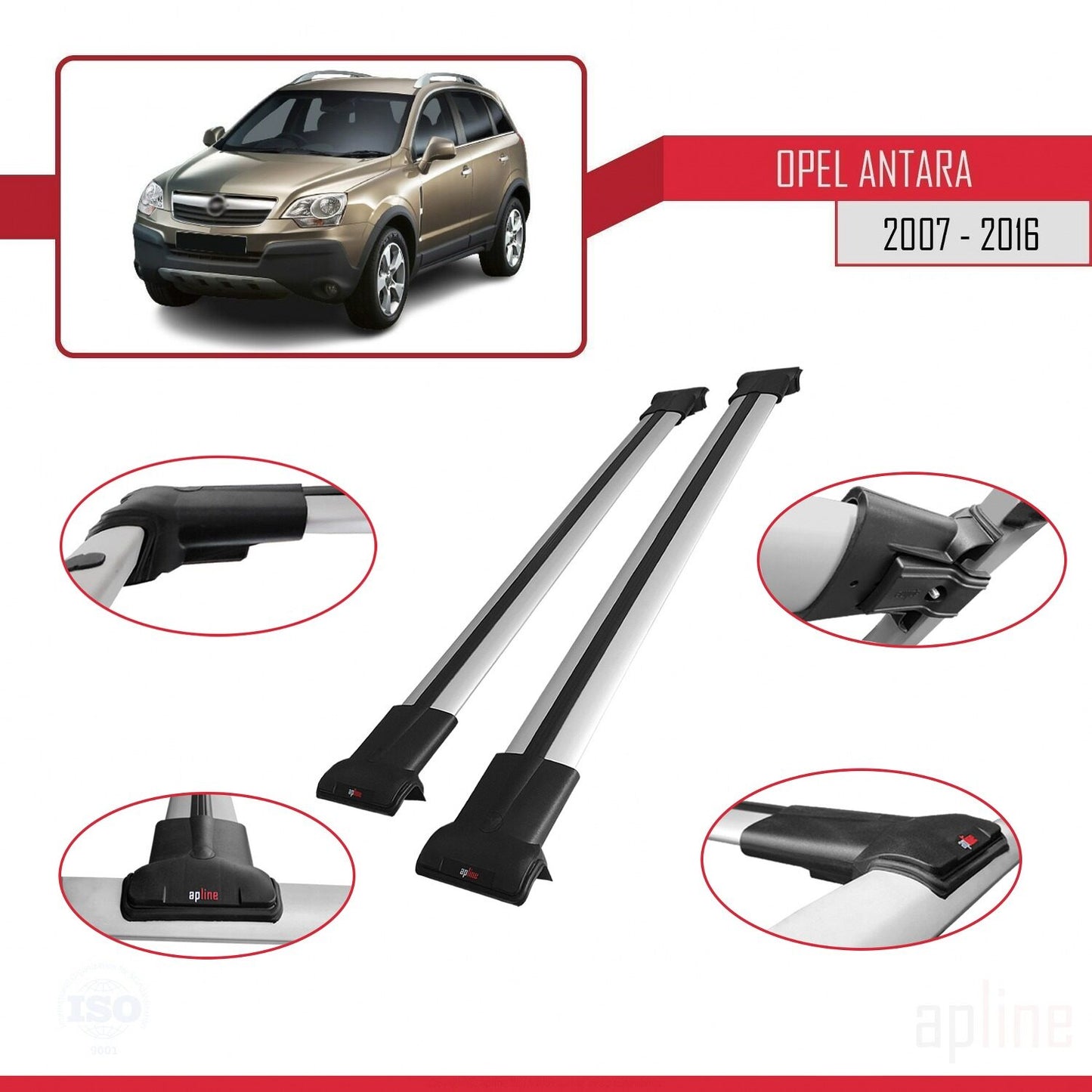 Compatible with Opel Antara 2007-2016 FLY Model Car Roof Rack Cross Bar Grey Aluminium 2 Bars