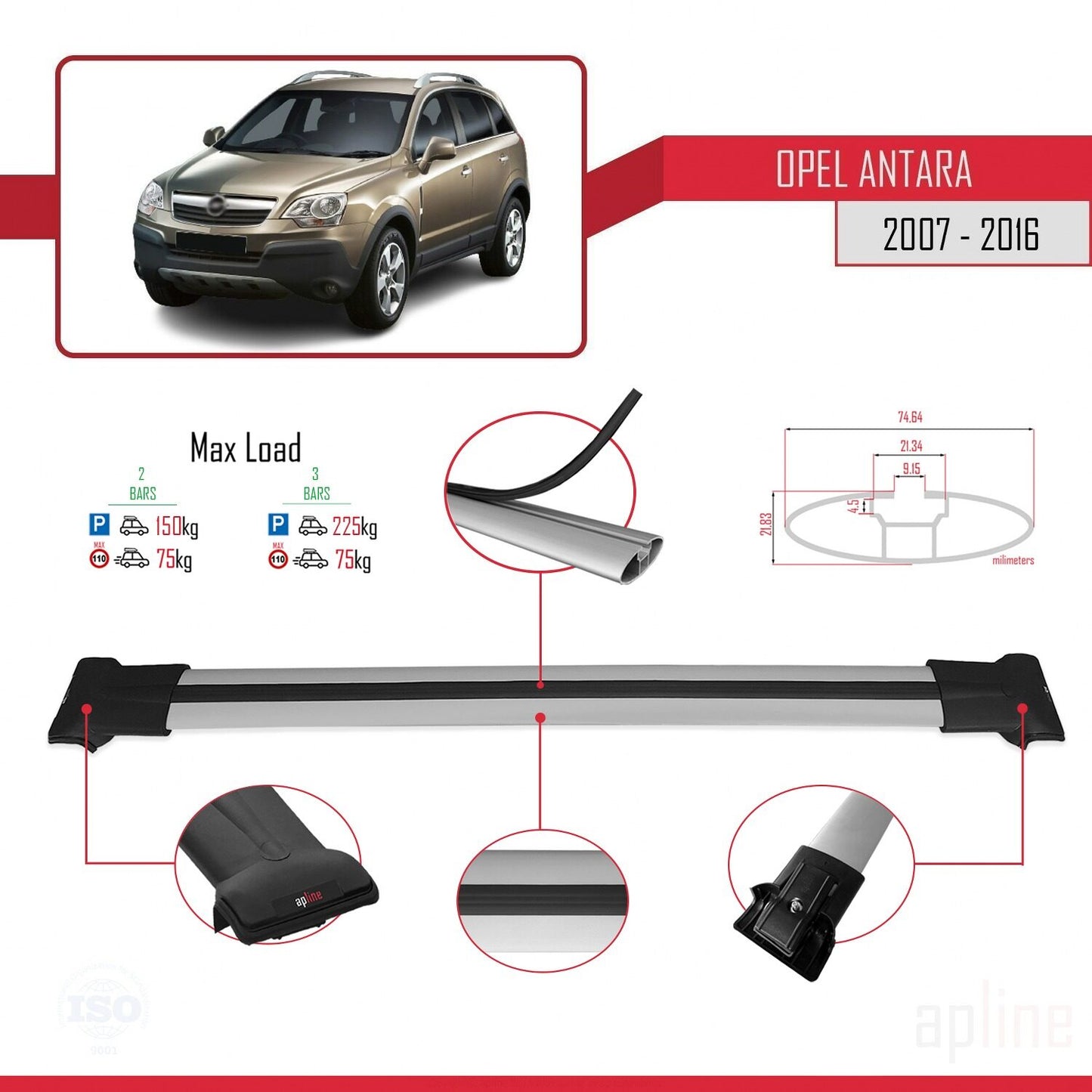 Compatible with Opel Antara 2007-2016 FLY Model Car Roof Rack Cross Bar Grey Aluminium 2 Bars