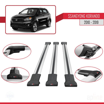 Compatible with Ssangyong Korando 3 (C200) 2010-2019 FLY Model Car Roof Rack Cross Bar Grey Aluminium 3 Bars