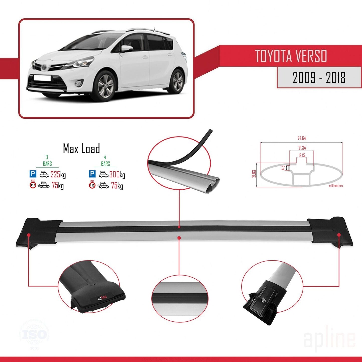 Compatible with Toyota Verso (AR20) 2009-2018 FLY Model Car Roof Rack Cross Bar Grey Aluminium 3 Bars