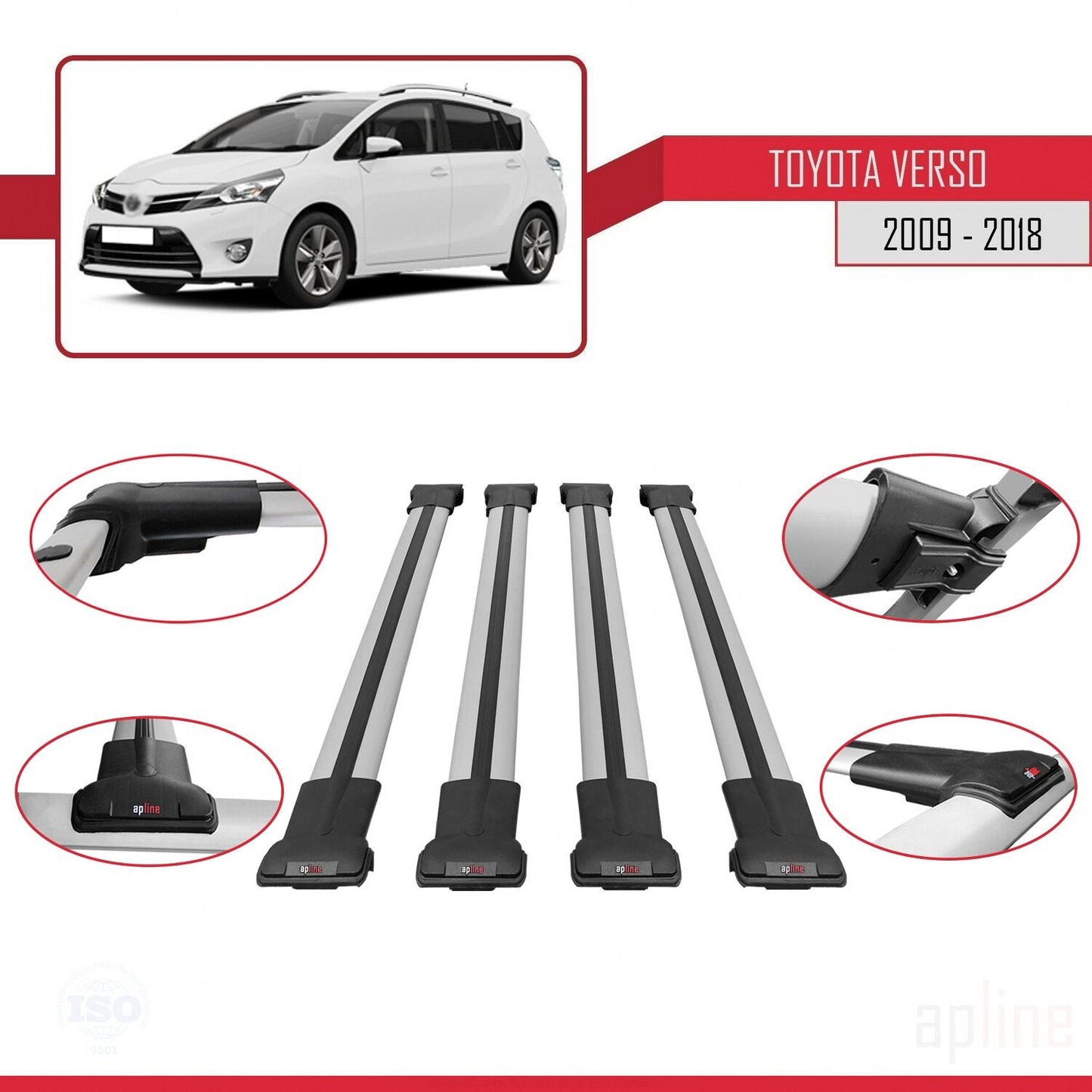 Compatible with Toyota Verso (AR20) 2009-2018 FLY Model Car Roof Rack Cross Bar Grey Aluminium 4 Bars