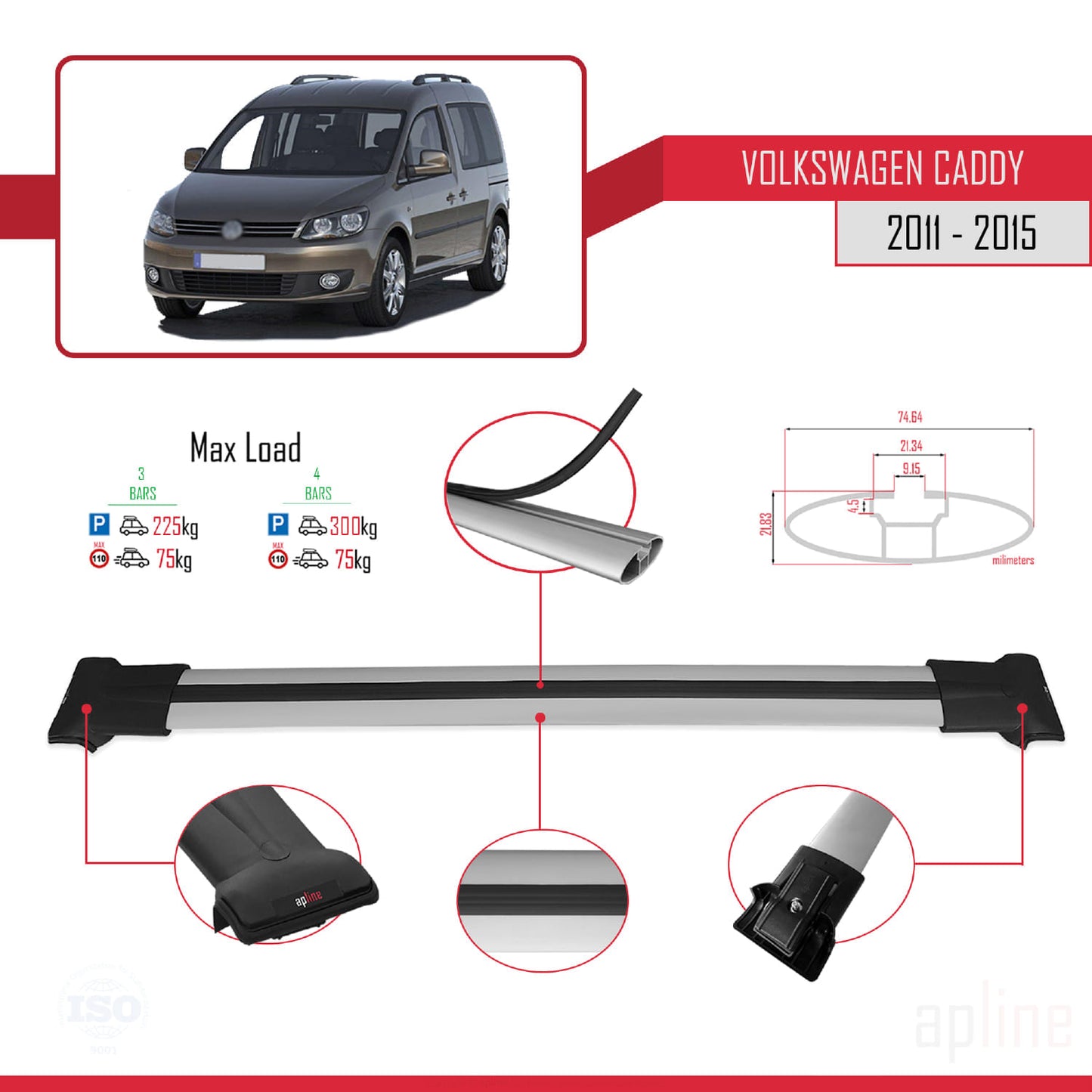 Compatible with Volkswagen Caddy 3 (2K) 2011-2015 FLY Model Car Roof Rack Cross Bar Grey Aluminium 3 Bars
