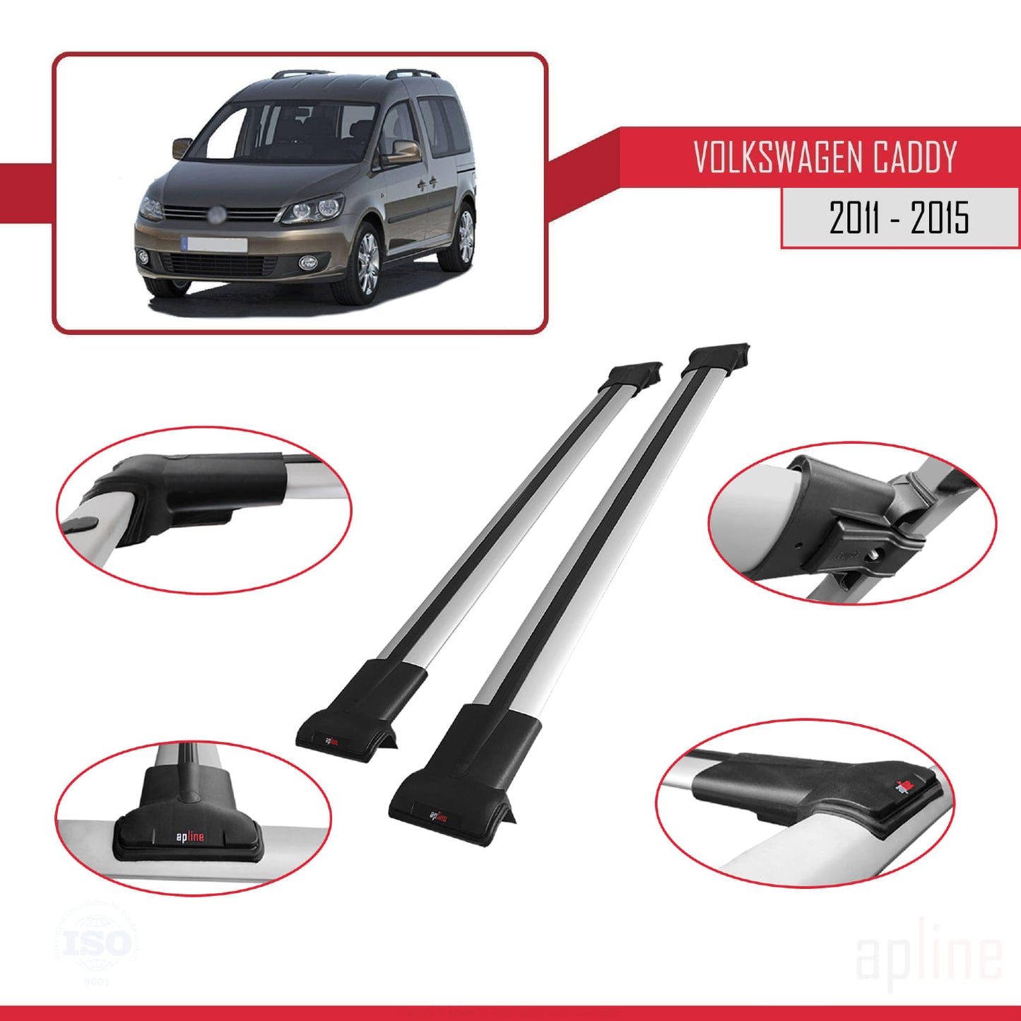 Compatible with Volkswagen Caddy 3 (2K) 2011-2015 FLY Model Car Roof Rack Cross Bar Grey Aluminium 2 Bars