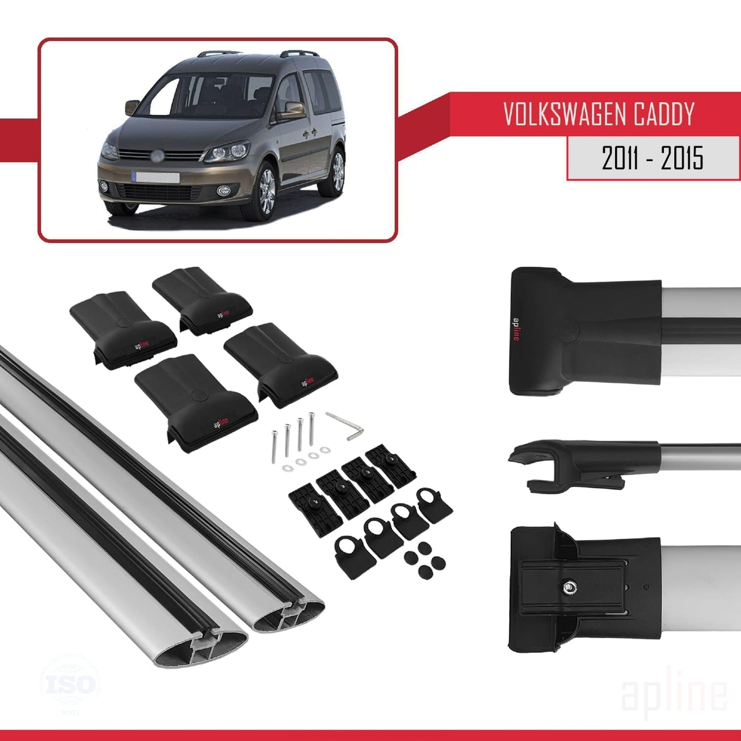 Compatible with Volkswagen Caddy 3 (2K) 2011-2015 FLY Model Car Roof Rack Cross Bar Grey Aluminium 2 Bars