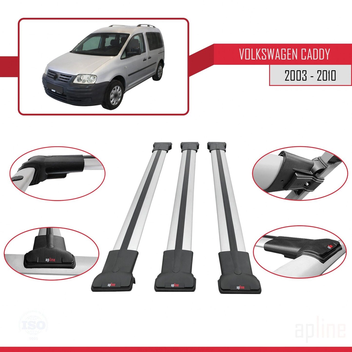 Compatible with Volkswagen Caddy 3 (2K) 2003-2010 FLY Model Car Roof Rack Cross Bar Grey Aluminium 3 Bars