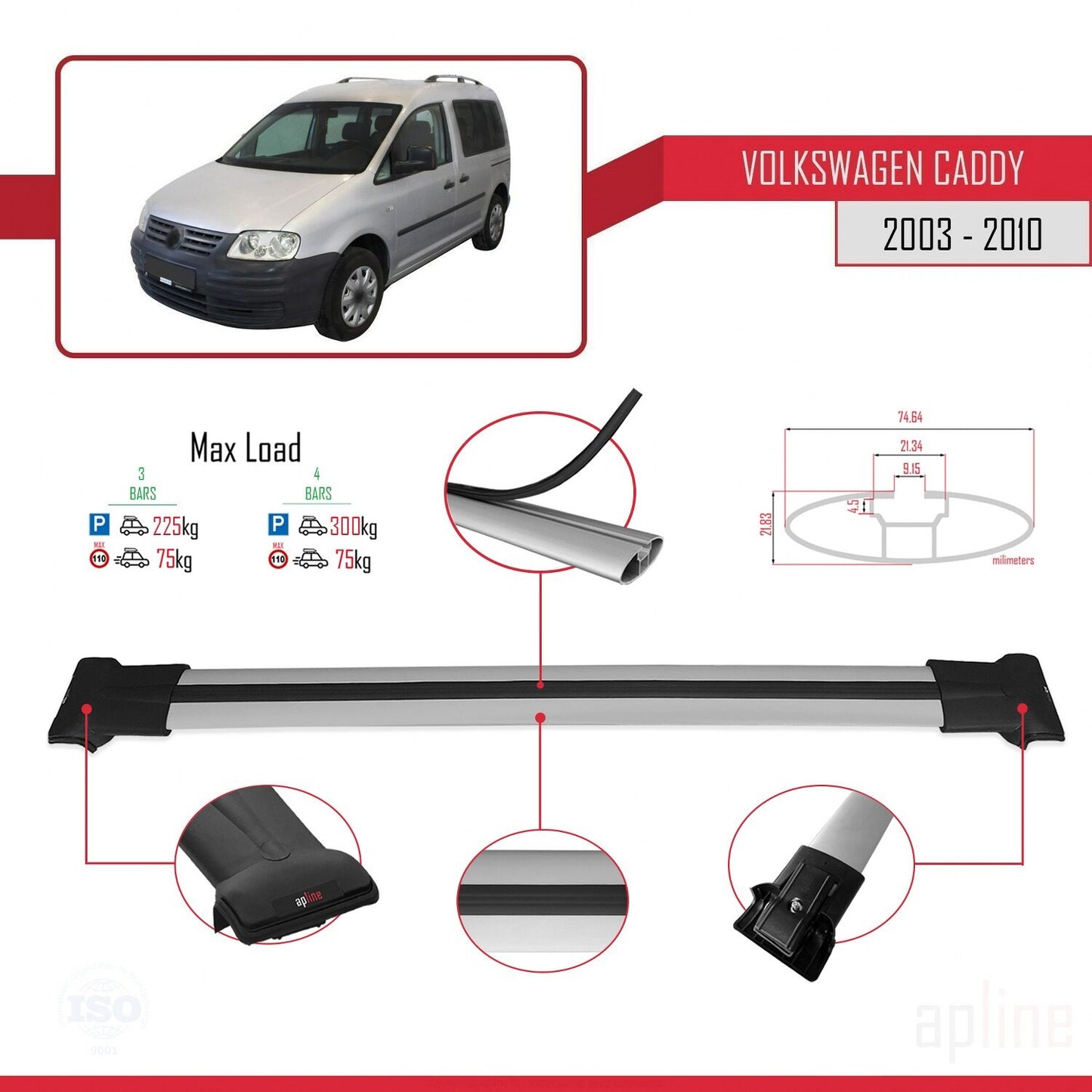 Compatible with Volkswagen Caddy 3 (2K) 2003-2010 FLY Model Car Roof Rack Cross Bar Grey Aluminium 4 Bars