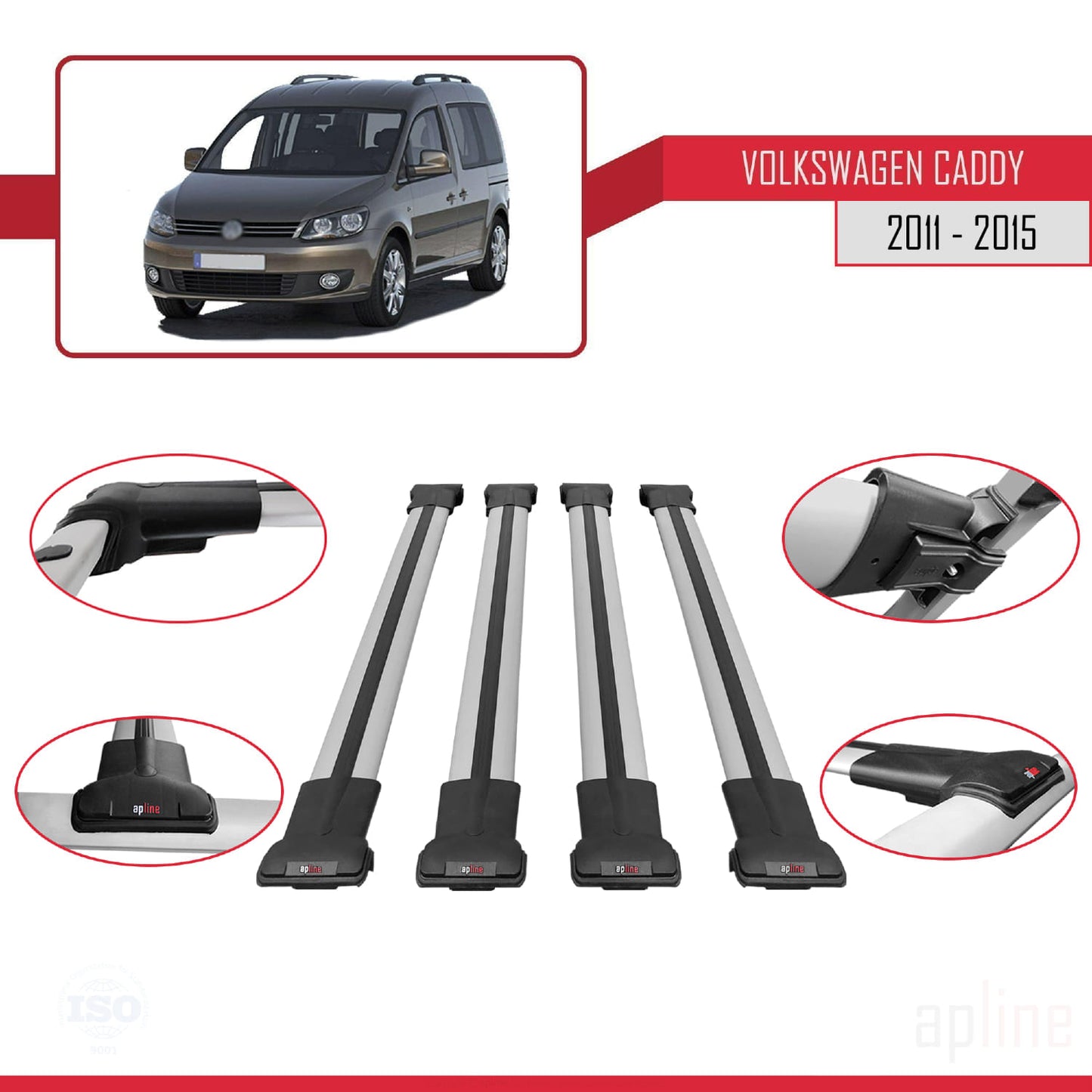 Compatible with Volkswagen Caddy 3 (2K) 2011-2015 FLY Model Car Roof Rack Cross Bar Grey Aluminium 4 Bars