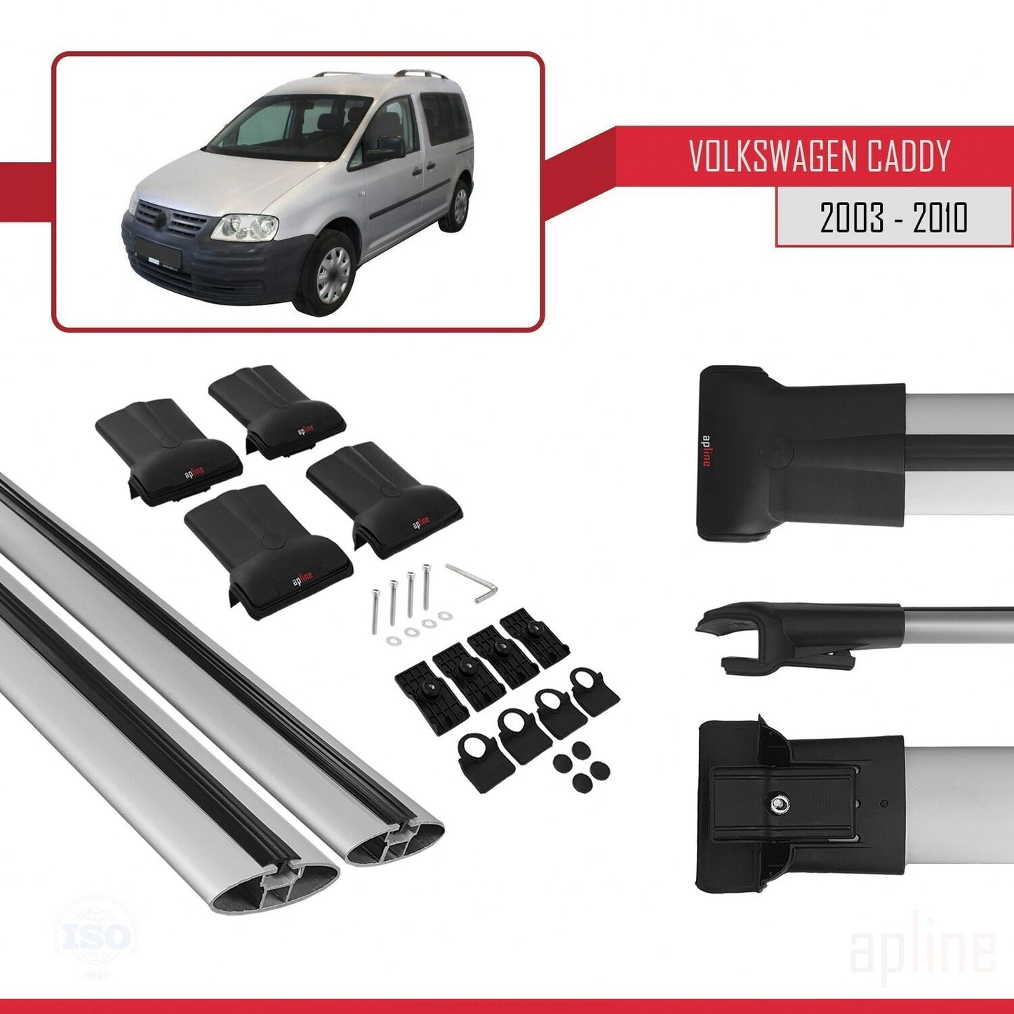 Compatible with Volkswagen Caddy 3 (2K) 2003-2010 FLY Model Car Roof Rack Cross Bar Grey Aluminium 2 Bars