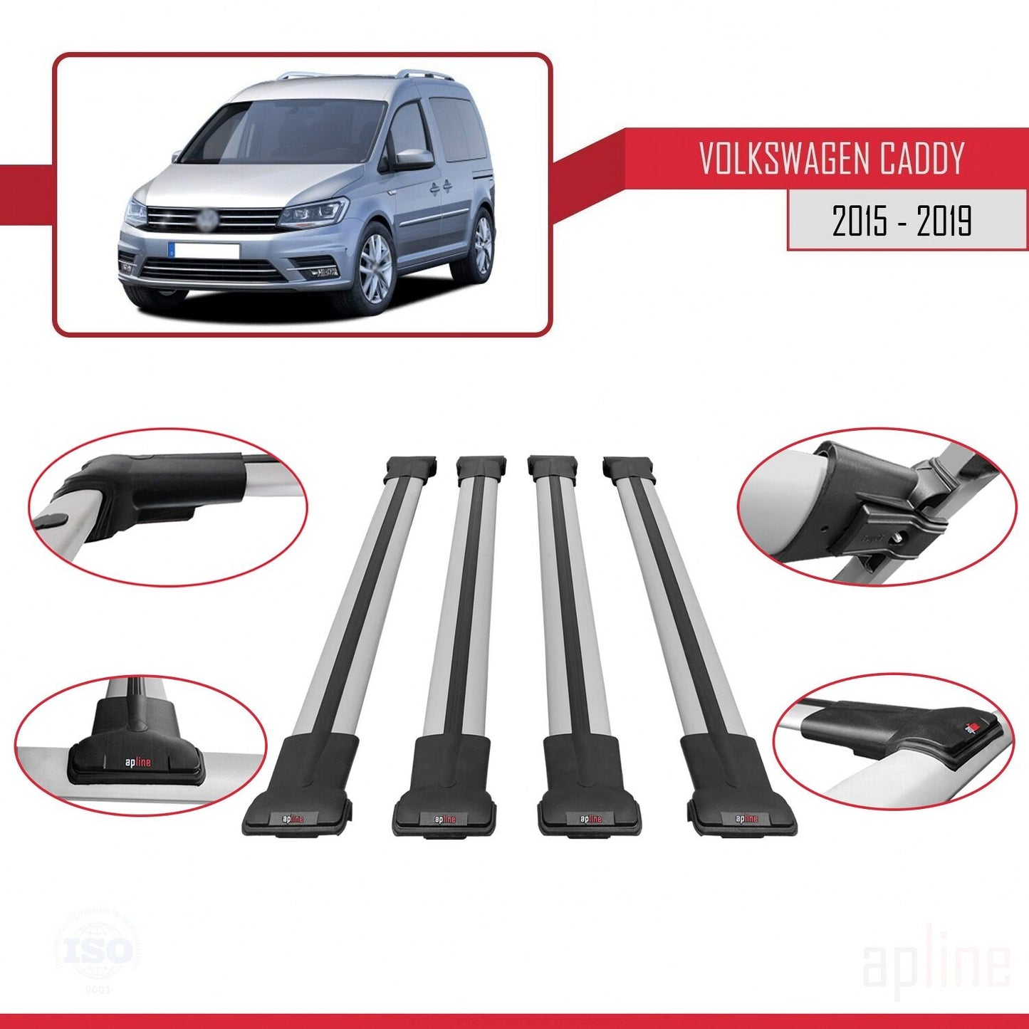 Compatible with Volkswagen Caddy 3 (SA) 2015-2019 FLY Model Car Roof Rack Cross Bar Grey Aluminium 4 Bars