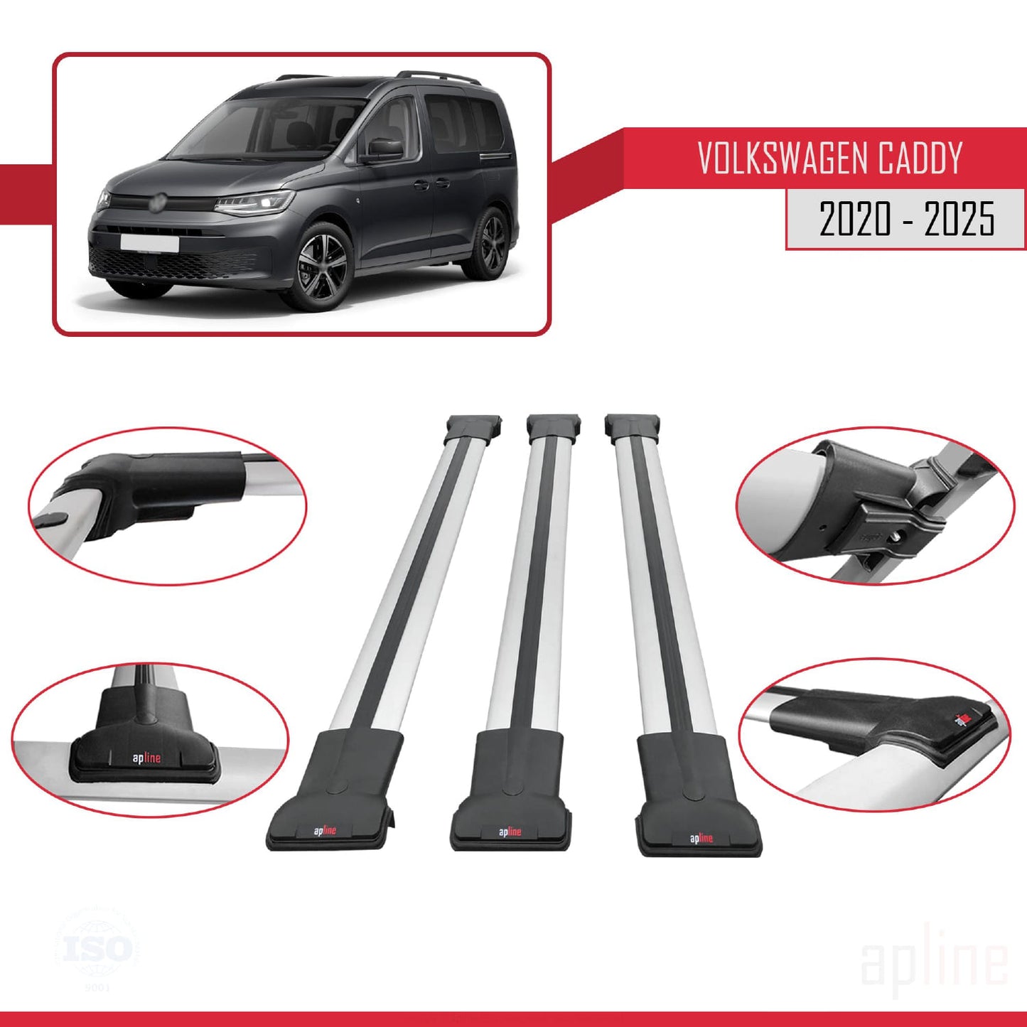 Compatible with Volkswagen Caddy 4 (SB) 2020-2025 FLY Model Car Roof Rack Cross Bar Grey Aluminium 3 Bars