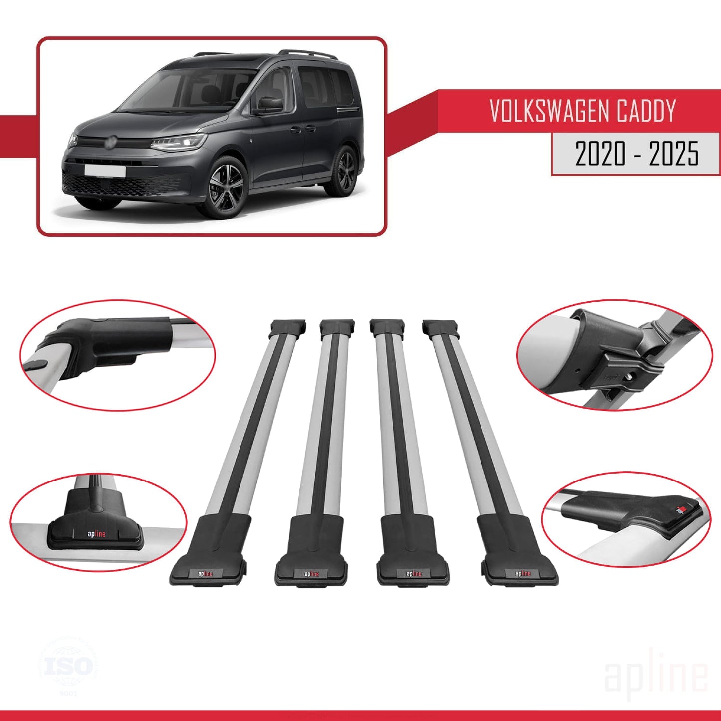 Compatible with Volkswagen Caddy 4 (SB) 2020-2025 FLY Model Car Roof Rack Cross Bar Grey Aluminium 4 Bars