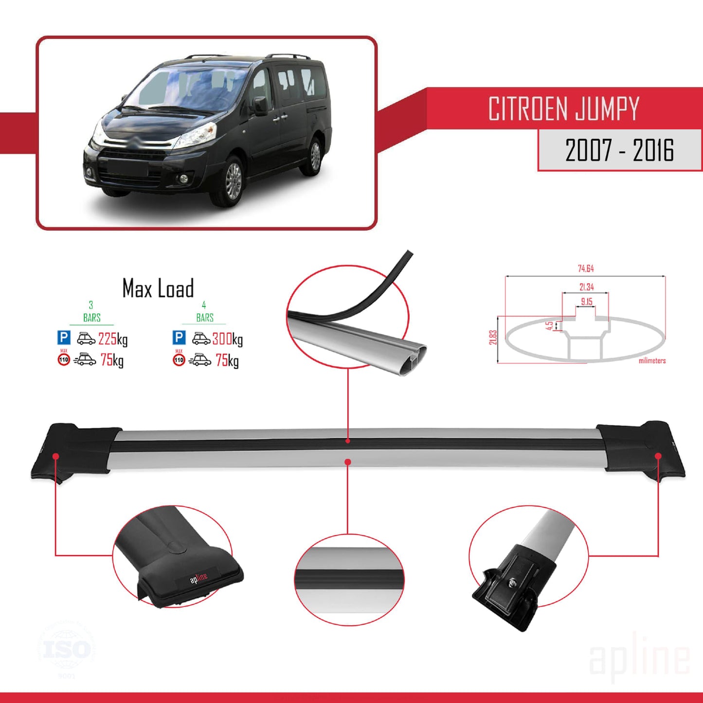 Compatible with Citroen Jumpy 2 (G9) 2007-2016 FLY Model Car Roof Rack Cross Bar Grey Aluminium 4 Bars