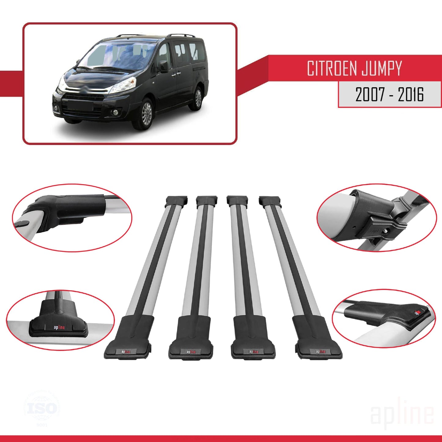 Compatible with Citroen Jumpy 2 (G9) 2007-2016 FLY Model Car Roof Rack Cross Bar Grey Aluminium 4 Bars